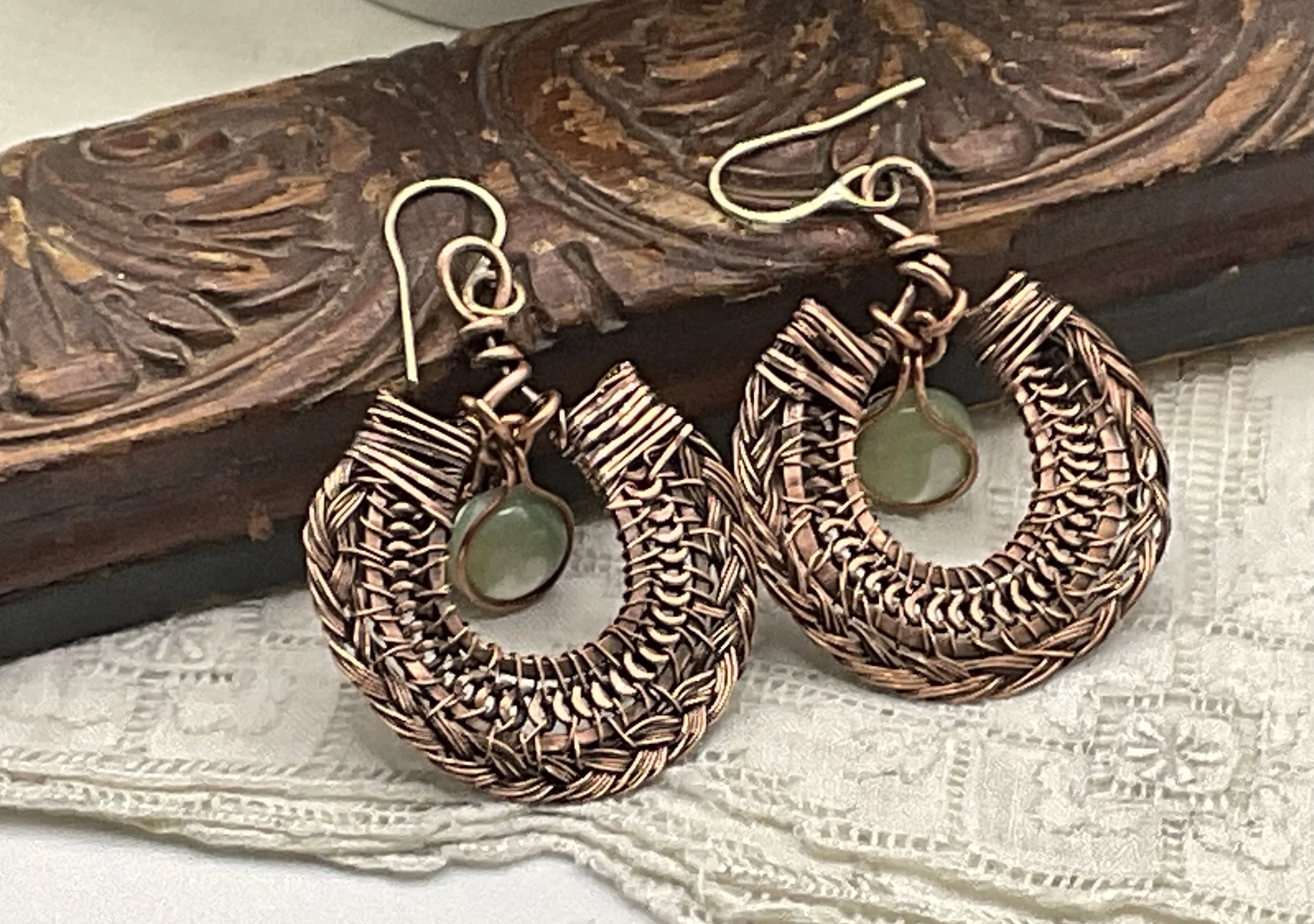 Handcrafted Copper Wirework Earrings with Seagreen Dyed Mother of Pearl Button