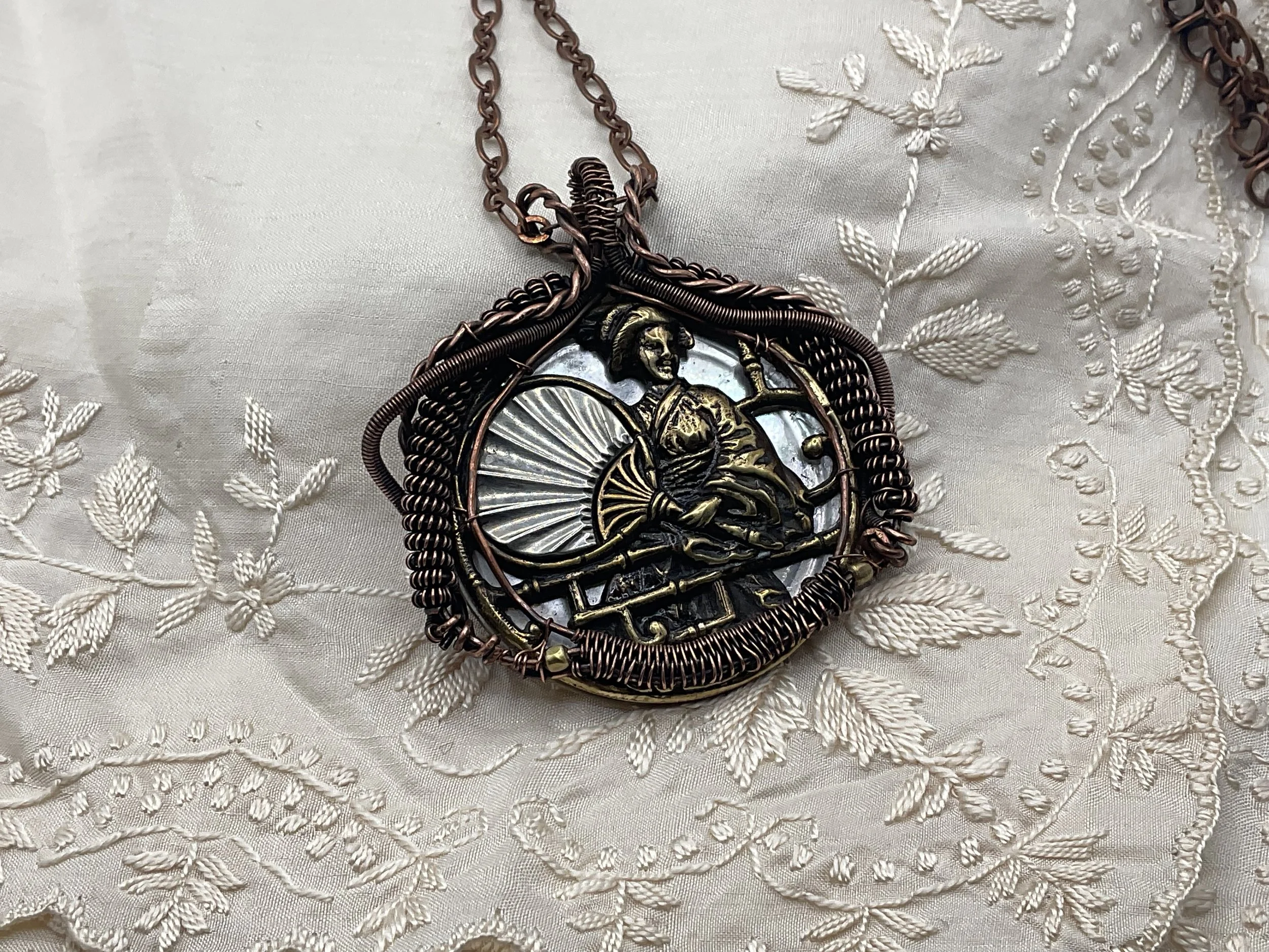 Handcrafted Pendant Necklace with Vintage Asian Design Button and Copper Wire Wrapping
