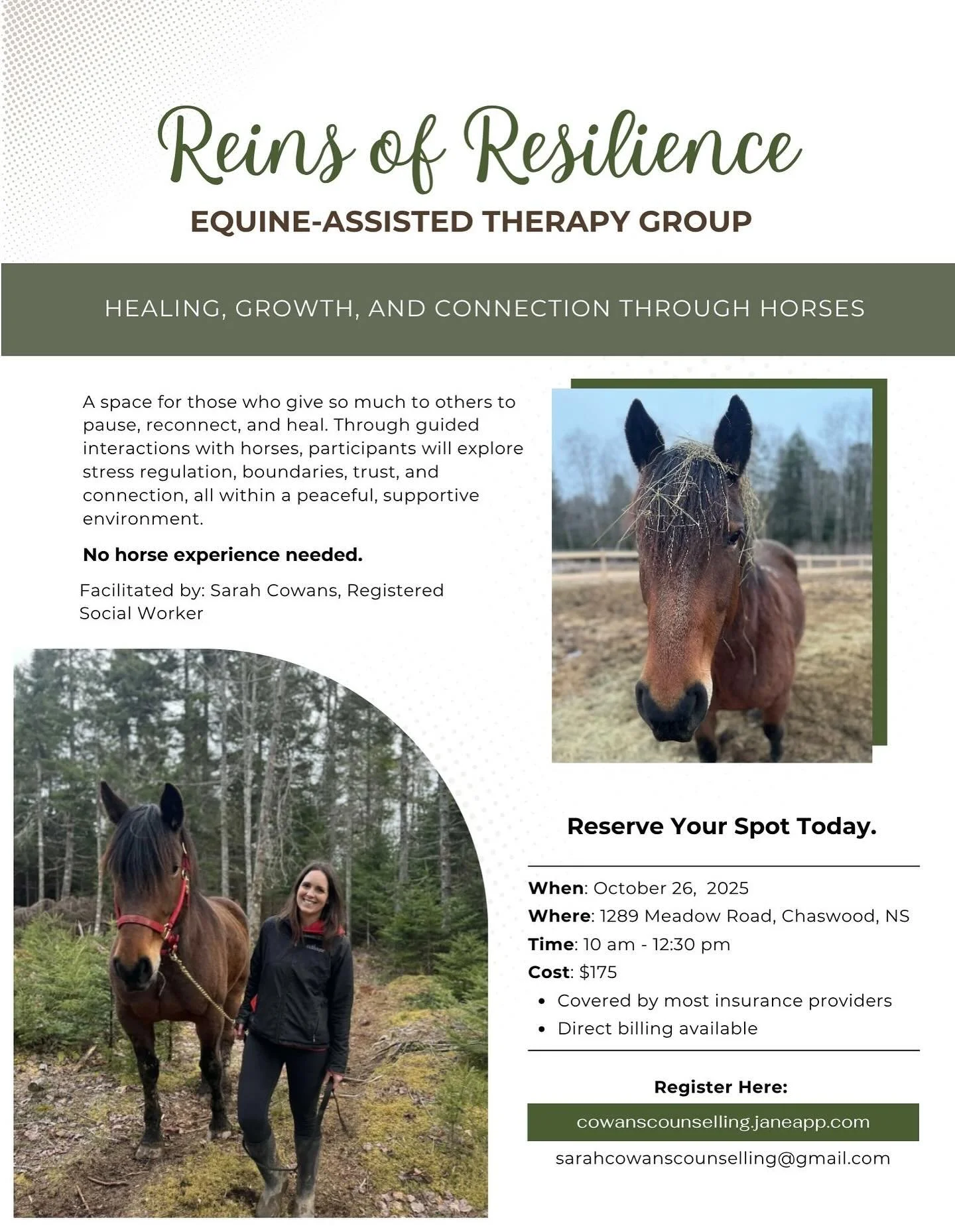 🌿Reconnect, Reflect &amp; Restore🌿

Join for my next group, Reins of Resilence which offers a space for those who give so much to others to pause, reconnect, and heal. Through guided interactions with horses, participants will explore stress regula