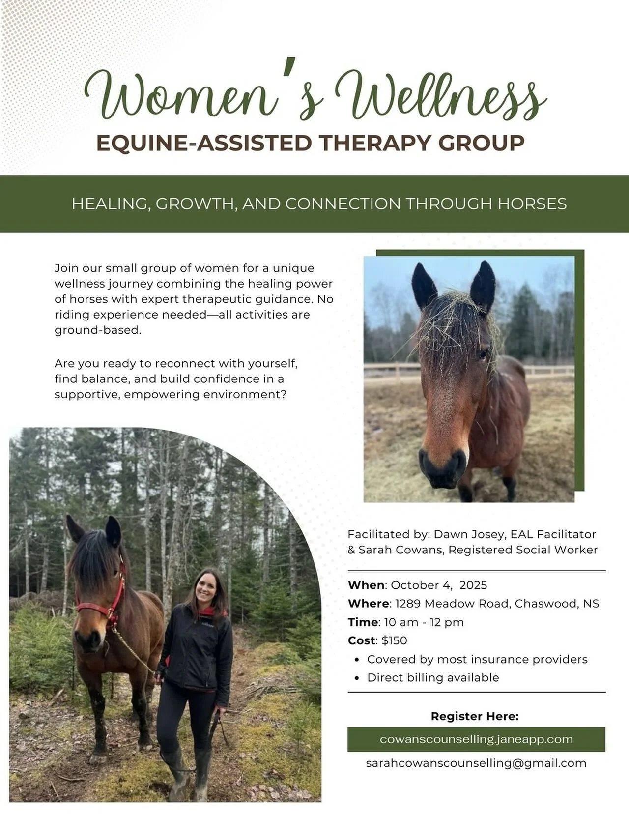 🌿Looking forward to this upcoming women&rsquo;s wellness group!

📅 Saturday, October 4, 2025 
⏰ 10am-12pm
📍1289 Meadow Road, Chasewood, NS

✨To register:
📱Send me a message
📧Email sarahcowanscounselling@gmail.com
💻Register online: https://cowan