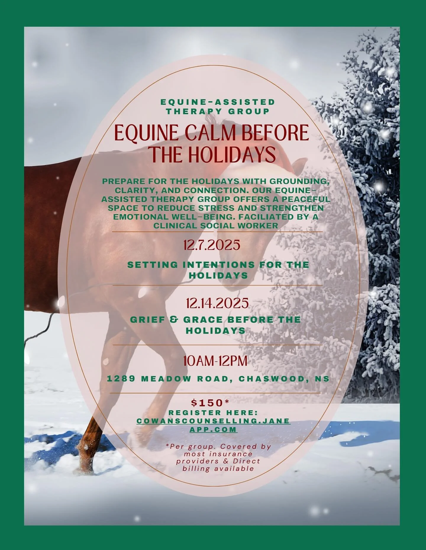 ✨ The holidays can feel heavy but you don&rsquo;t have to navigate them alone.

Step into a space where your wellbeing comes first. Join either (or both) Equine-Assisted Wellness groups to slow down, reset, and find calm before the holidays with ther