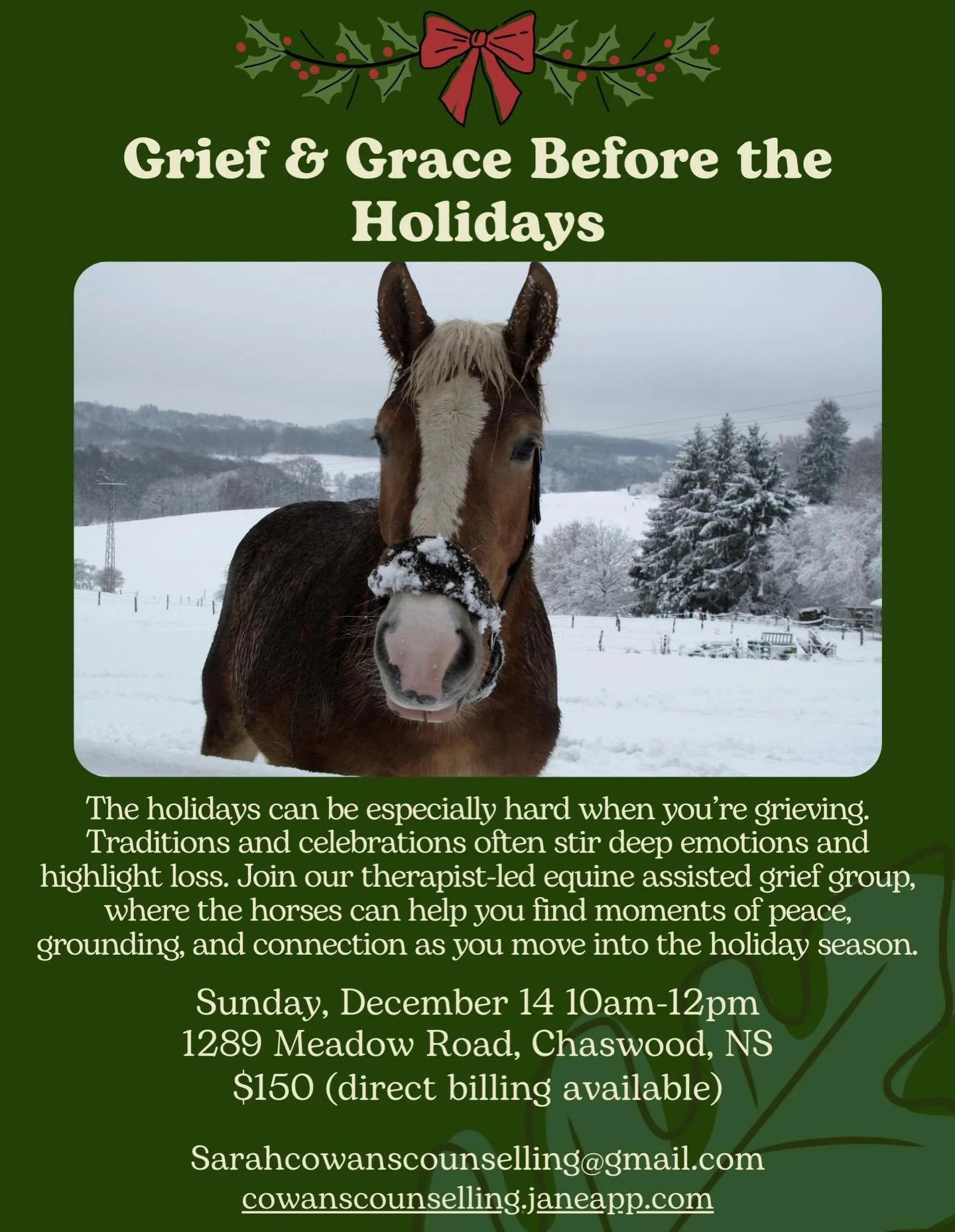 When grief feels heavier during the holidays, let the horses help carry some of the weight. Join our therapist-led equine grief group this season❤️&zwj;🩹🐴

📆 Sunday, December 14 
⏰10am-12pm
📍1289 Meadow Road, Chaswood, NS
💲$150 per group (covere