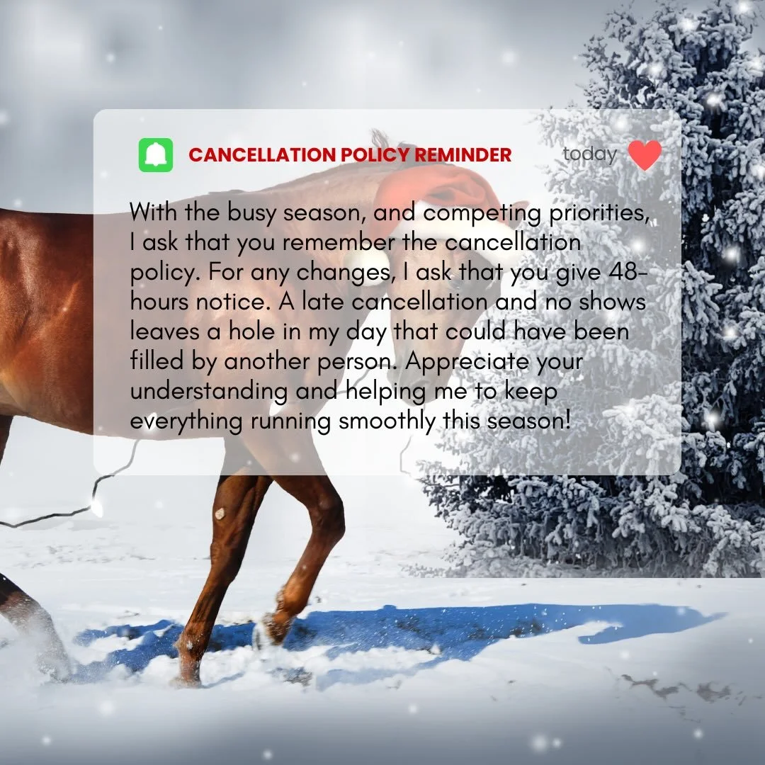 Just a quick reminder about my cancellation policy!

Your appointment time is reserved just for you. I understand that life can be unpredictable, and cancellations are viewed with empathy.

A late cancellation or missed visit leaves a hole in the day