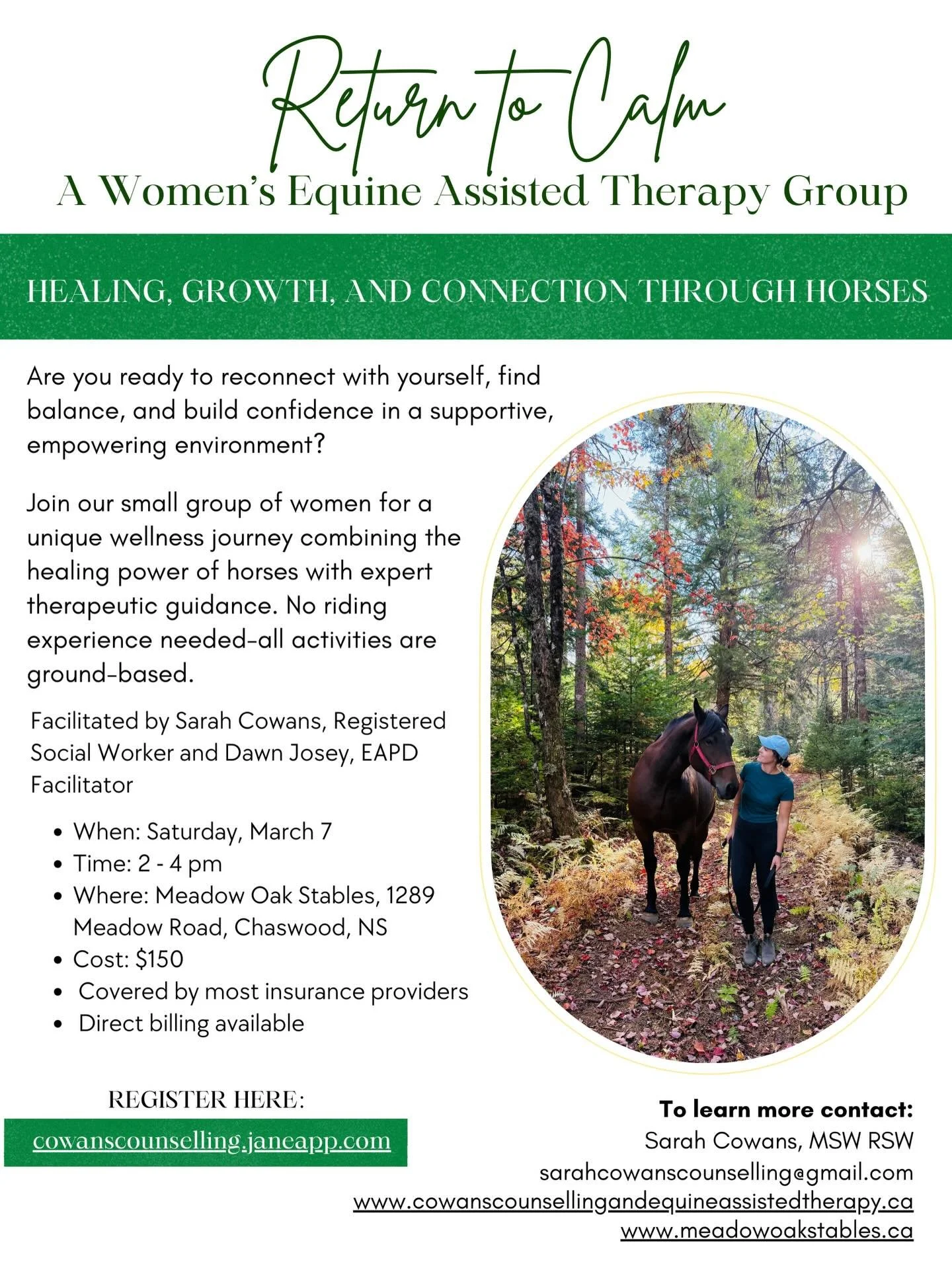 ✨ A space to slow down, breathe, and reconnect.
Join our Women&rsquo;s Wellness Equine-Assisted Therapy Group, where horses help guide you back to calm, clarity, and connection.

No riding. No pressure. Just presence, support, and healing alongside h