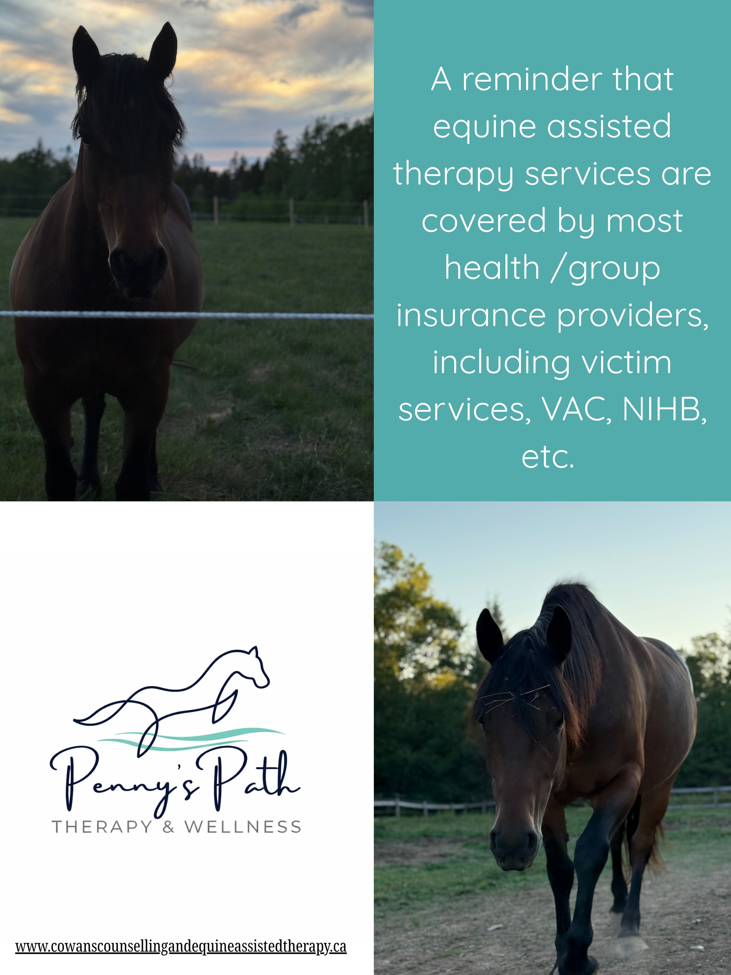 Did you know that many extended health and group insurance plans may help cover Equine Assisted Therapy?

Most people are able to submit sessions through benefits that cover services provided by registered mental health professionals (in my case, a r