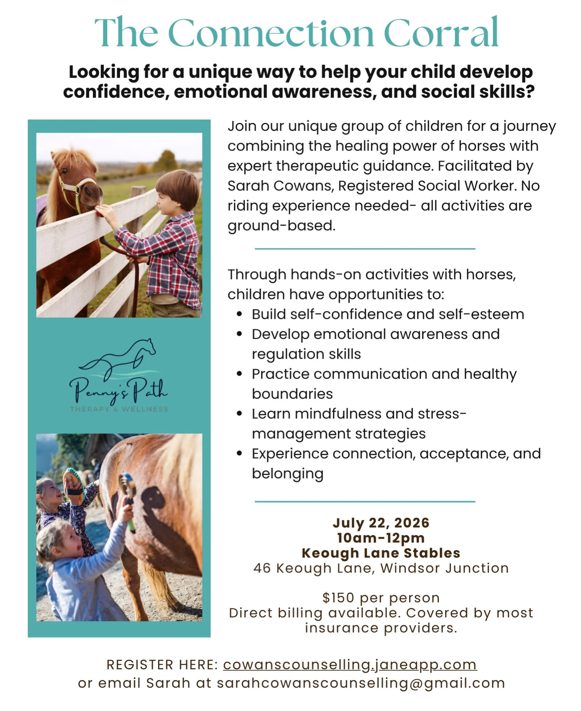 Looking for a unique and engaging way to help your child build confidence, emotional awareness, and social connections? ✨

Join us July 22, from 10am-12pm at Keough Lane Stables in Windsor Junction. 

$150 per person. Facilitated by a registered soci