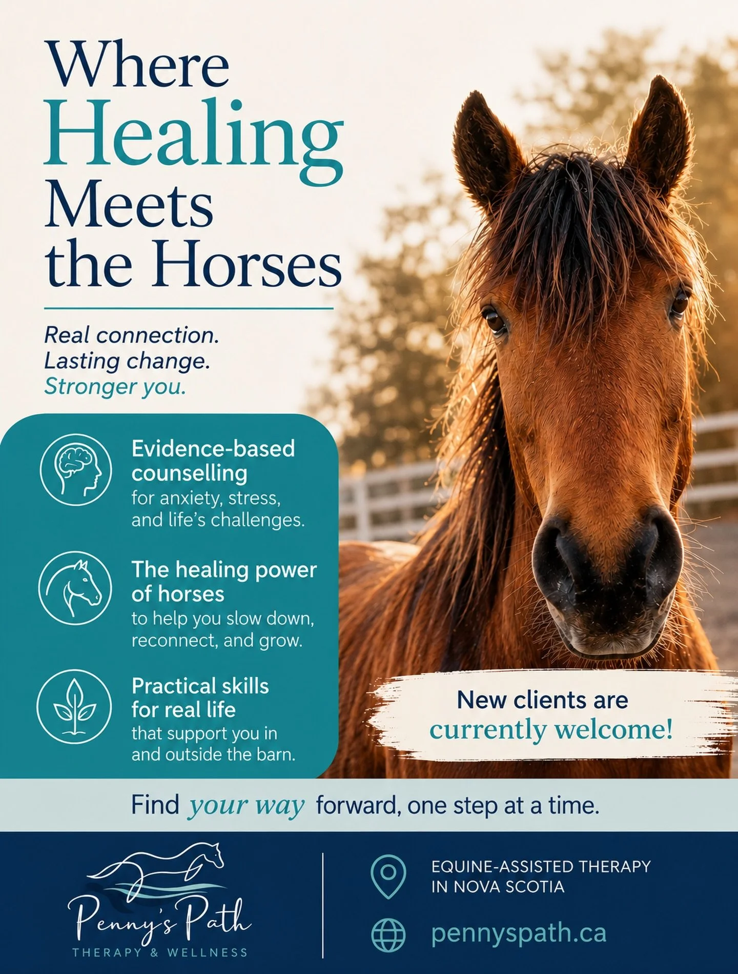 Equine-assisted therapy &amp; counselling for children, youth and adults.

At Penny&rsquo;s Path Therapy &amp; Wellness, therapy looks a little different.

We combine evidence-based counselling with the unique therapeutic relationship between humans 