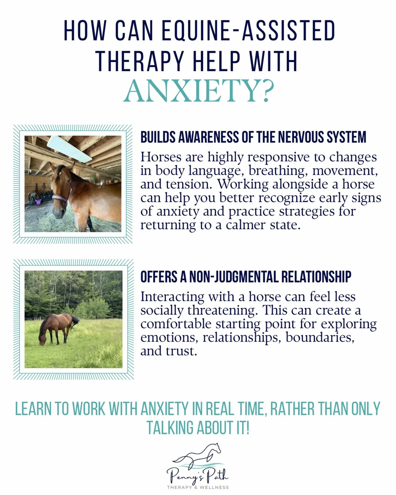 When anxiety feels overwhelming, you don&rsquo;t have to face it alone!

At Penny&rsquo;s Path Therapy &amp; Wellness, equine-assisted therapy combines evidence-based counselling with the unique presence of horses to help children, teens, and adults 