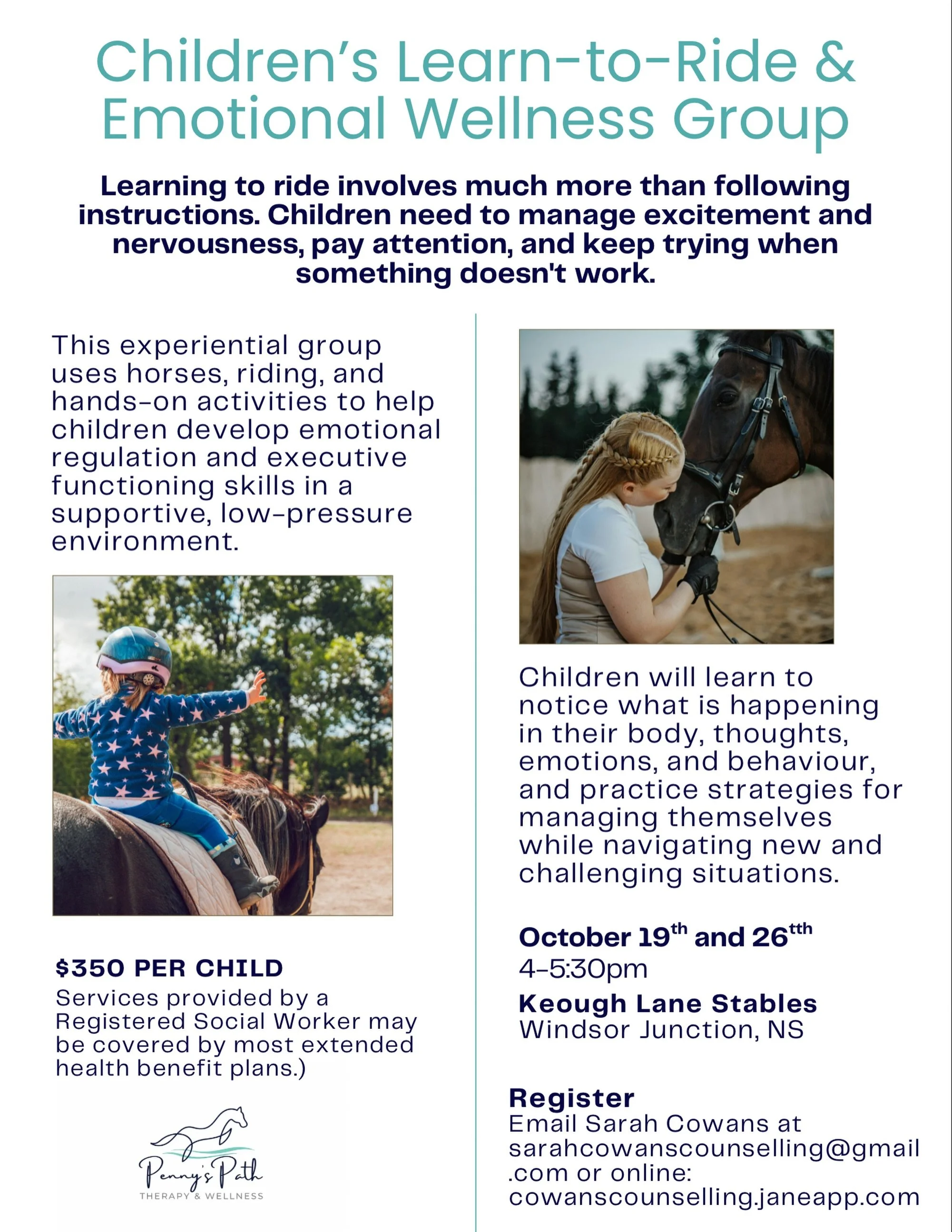 RIDE, REGULATE &amp; GROW! 🐴✨

What if spending time with horses and learning to ride could also help your child learn to manage big feelings, slow down, think through challenges, and build confidence?

In this small-group experience, children learn