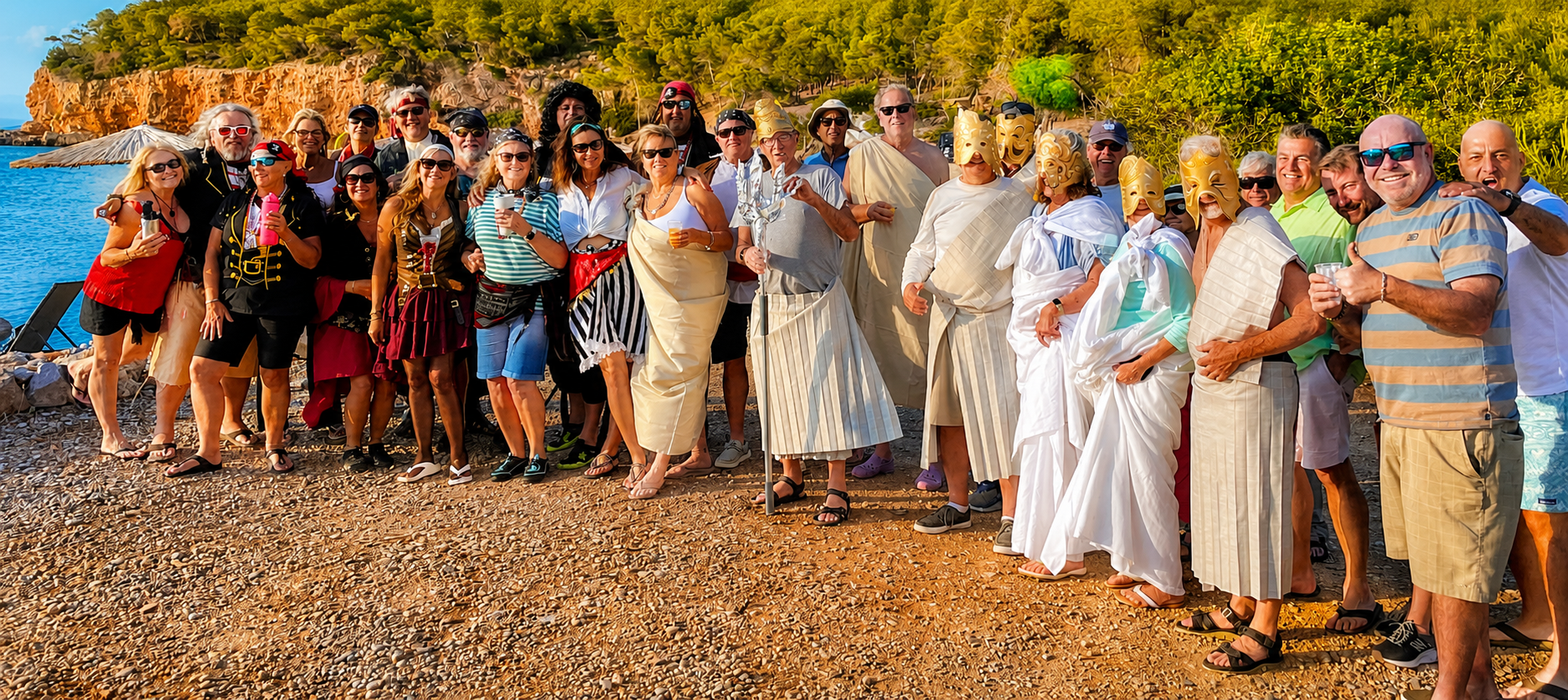 A large group of people dressed in costumes and casual clothing posing on a beach with rocky cliffs and greenery in the background, some wearing masks and traditional Greek attire, holding drinks, during a sunny day.