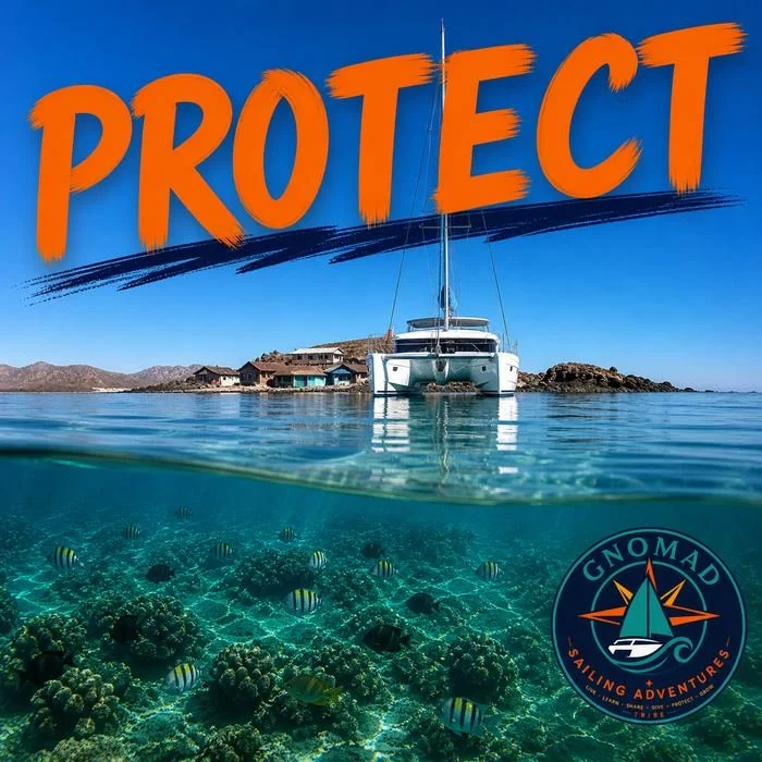 A split view of a tropical ocean scene with clear water. The upper part shows a boat near a house on the shoreline, under a blue sky. The lower part reveals an underwater view with coral and small fish. The word "PROTECT" in bold orange letters is at the top, and a circular logo with a sailboat and the text "GNOMAD Sailing Adventures" is at the bottom right.