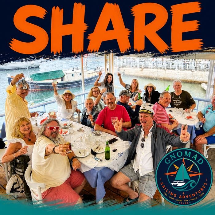 A group of people enjoying a meal on a boat with a harbor view, some raising drinks and smiling, with a large orange 'SHARE' text at the top.