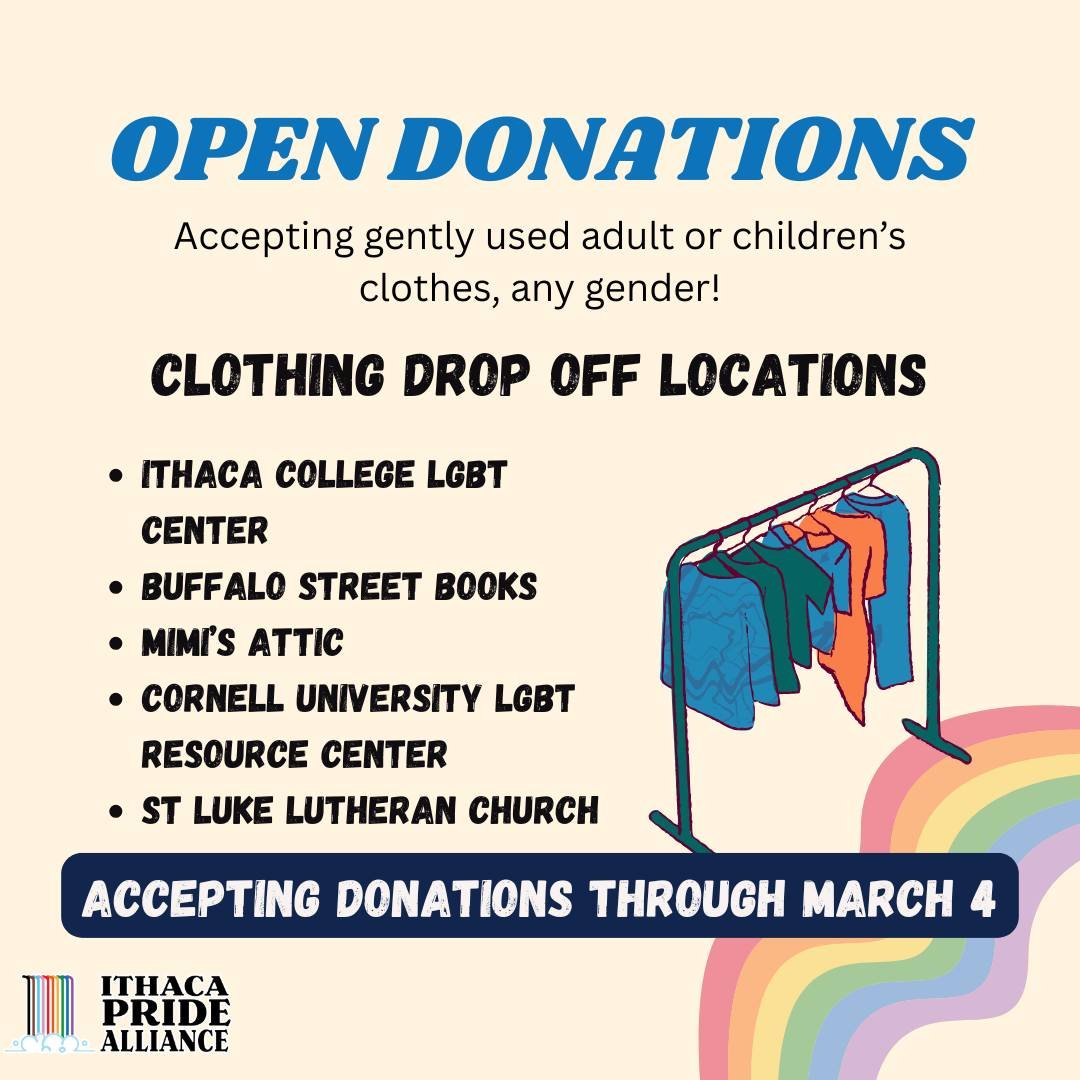 The Annual All Y'all clothing swap is right around the corner! Drop off clothing at a donation site leading up to the event, or bring clothes to swap when you arrive. 

Accepting Donations at Drop Off Sites through March 4 
#pride #Pride #tompkinscou