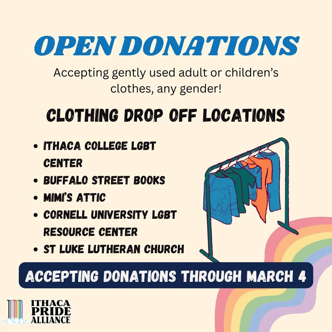 The Annual All Y'all clothing swap is right around the corner! Drop off clothing at a donation site leading up to the event, or bring clothes to swap when you arrive. 

Accepting Donations at Drop Off Sites through March 4 
#pride #Pride #tompkinscou