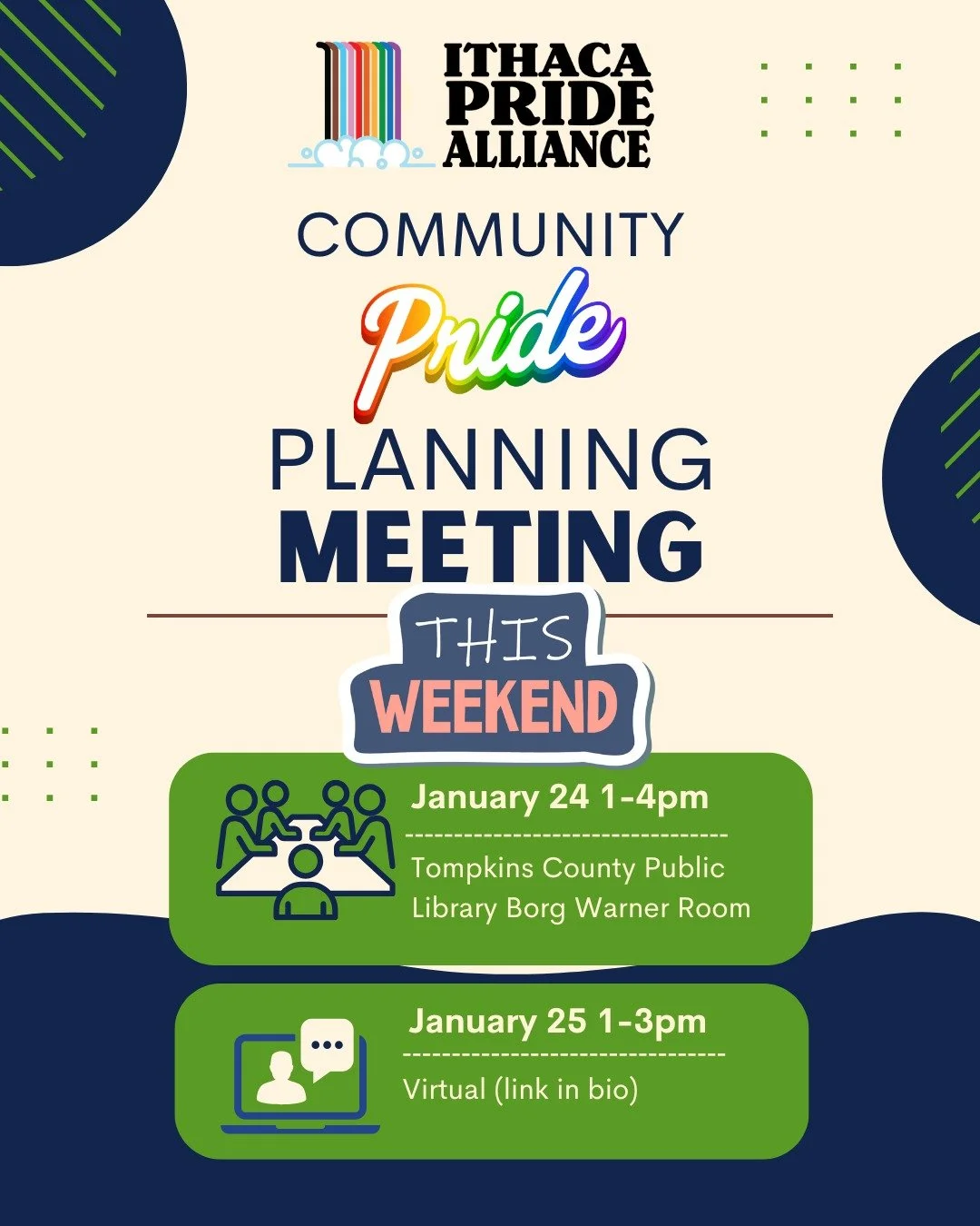 Don't forget to join one of our community pride planning meetings this weekend!

RSVP link in comments

#ithaca #pride2026 #lgbtqia #communityevents
