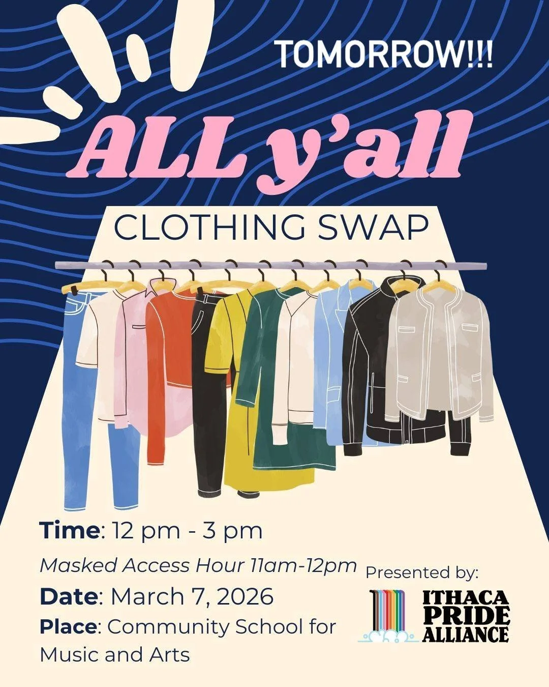 Tomorrow's the day! Swing by CSMA for Ithaca Pride Alliance's annual All Y'All clothing swap! Trade in clothes that don't quite fit your style (anymore) and pick up something that will make you feel ✨ 💫🌈😍. Clothing donation is appreciated but  not