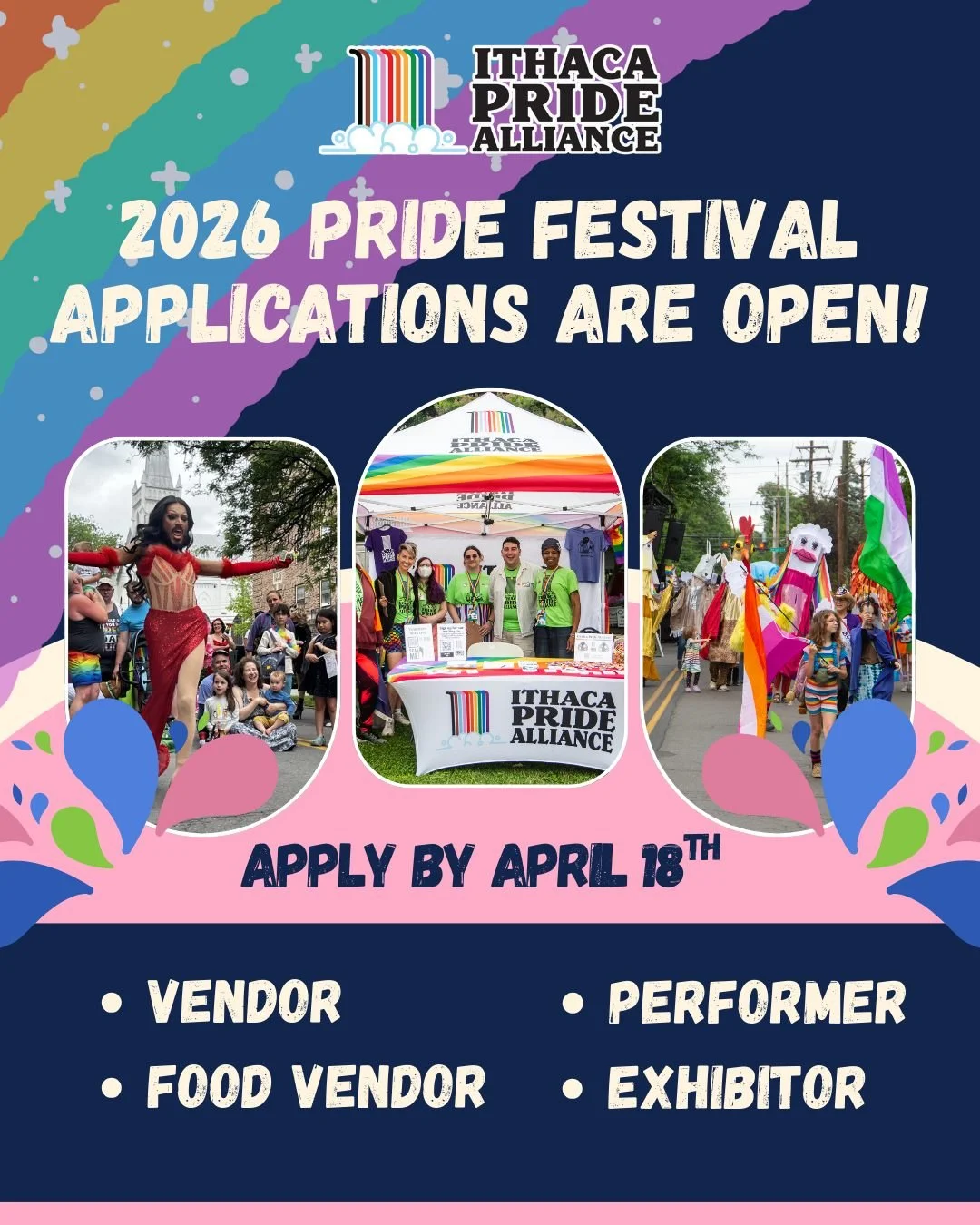 Pride 2026 is coming up faster than you think! Applications are now open for vendors, performers, and exhibitors for Ithaca Pride Festival 2026.Apply by April 18, link in bio or visit the Ithaca Pride Alliance webiste.

#pridemonth #pride2026 #ithaca