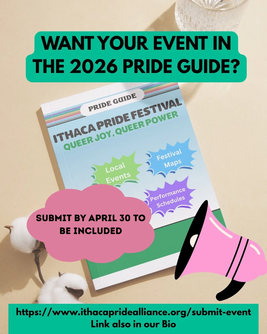 ⏰ Time is running out! Make sure that you submit your own Pride events to Ithaca Pride Alliance by TOMORROW April 30 to be included in the annual Pride Guide! Link in bio to submit an event!