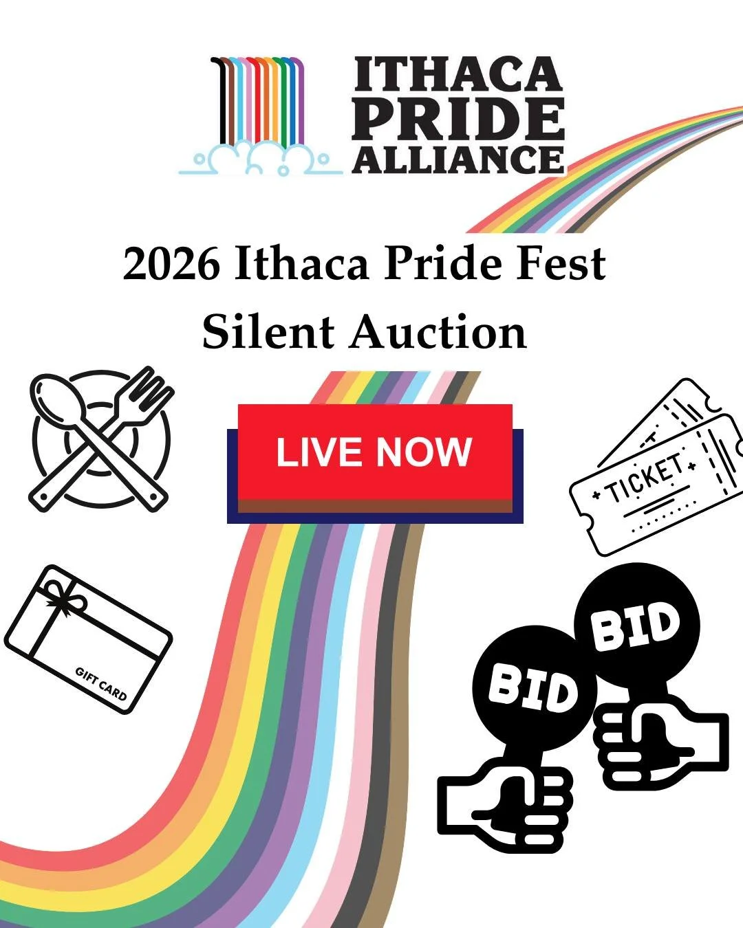 Our virtual 2026 Ithaca Pride Silent Auction is now LIVE. 

Bid now for food, gift certificates, tickets, and more from local businesses like @alphabetsoupithaca  @ithacabakery @cayugalakecreamery  @ithacapiercingandtattoo @ithaca5anddime @thecinemap