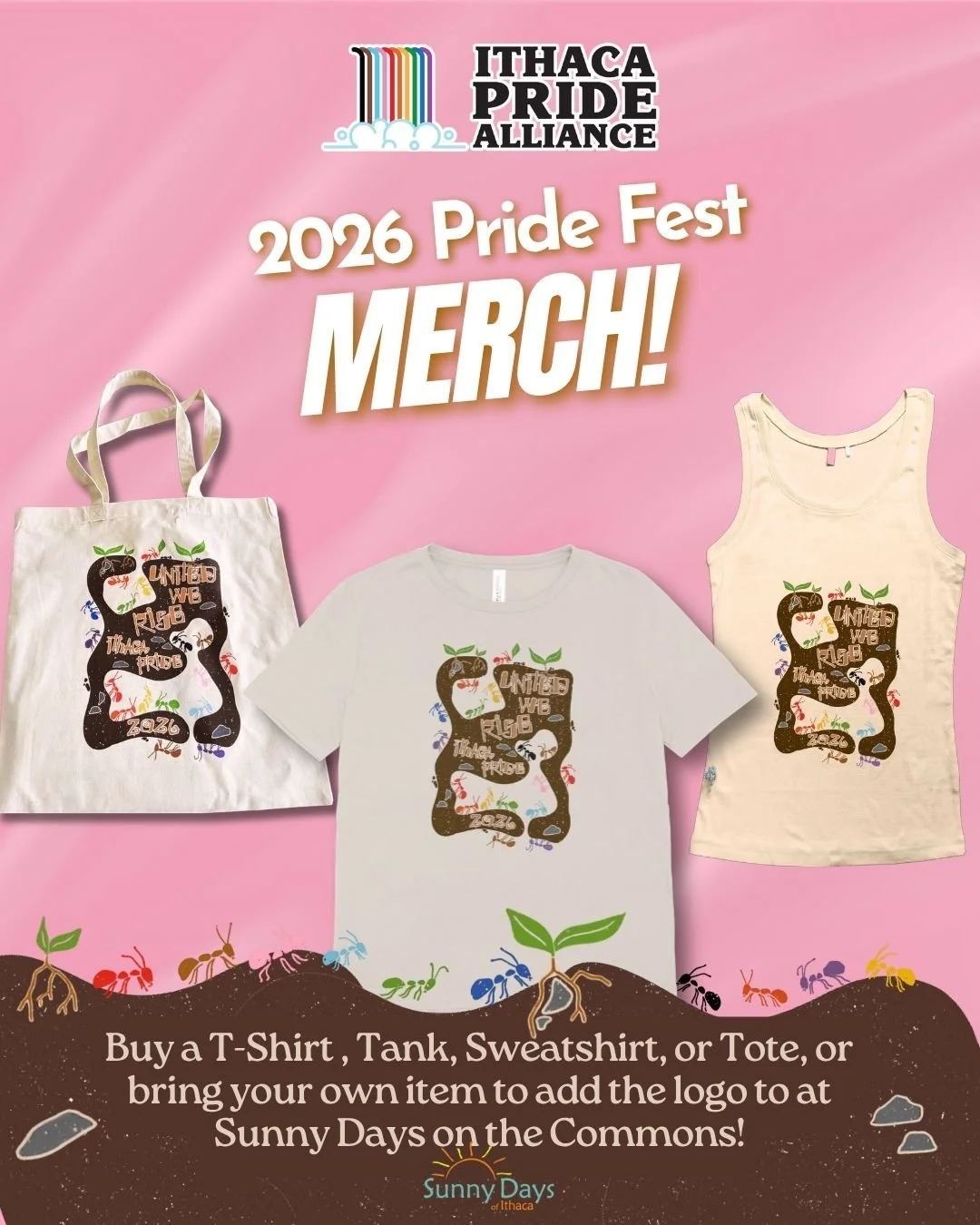 Don't forget to swing by and pick up your 2026 Ithaca Pride Fest merch! You can stop by Sunny Days to pick up a tote, tee, tank, or sweatshirt, or make sure to grab one at Pride Fest!

@sunnydaysofithaca 

#ithacany #ithacapride #lgbtpride #IthacaPri
