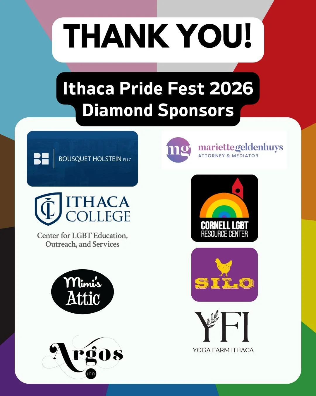 Thank you to our Diamond sponsors! We couldn't make 2026 Pride Fest happen without you!

@bhlawpllc @geldenhuys_mariette @ic_lgbtq @cornell.lgbtrc @mimisatticithaca @silofoodtruck @argosinn @yogafarmithaca