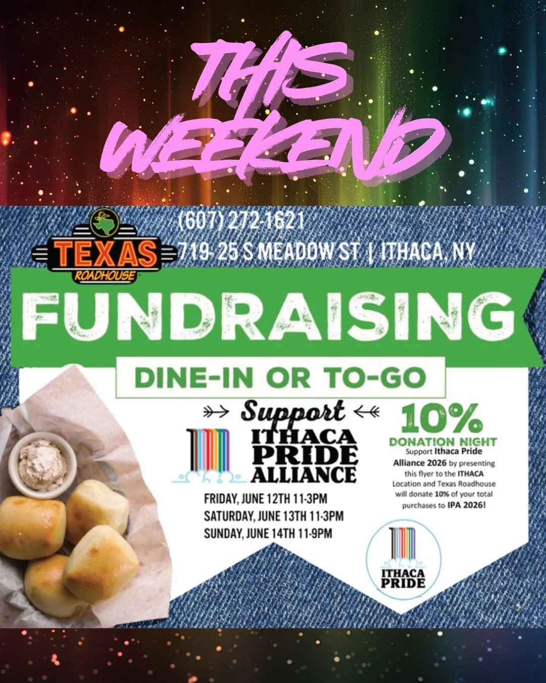 Ithaca's Texas Roadhouse has a fundraising night coming up to support Ithaca Pride Alliance! Make sure to stop by this weekend, dine-in or to-go