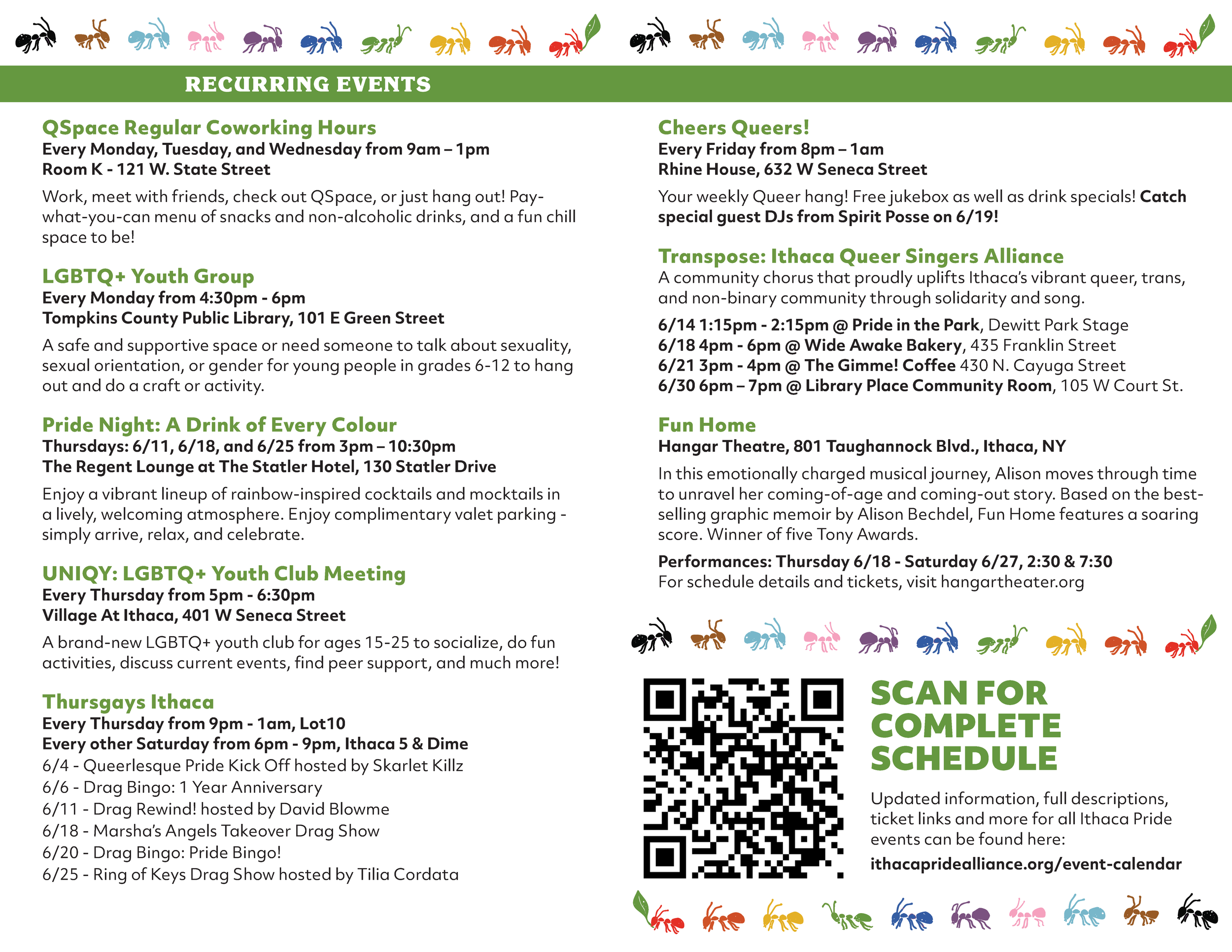A comprehensive weekly calendar details recurring community events throughout June. Listed items include schedules for youth support groups, a coworker space, drag bingo nights, and a pride chorus lineup. Two large scannable QR codes link back to the