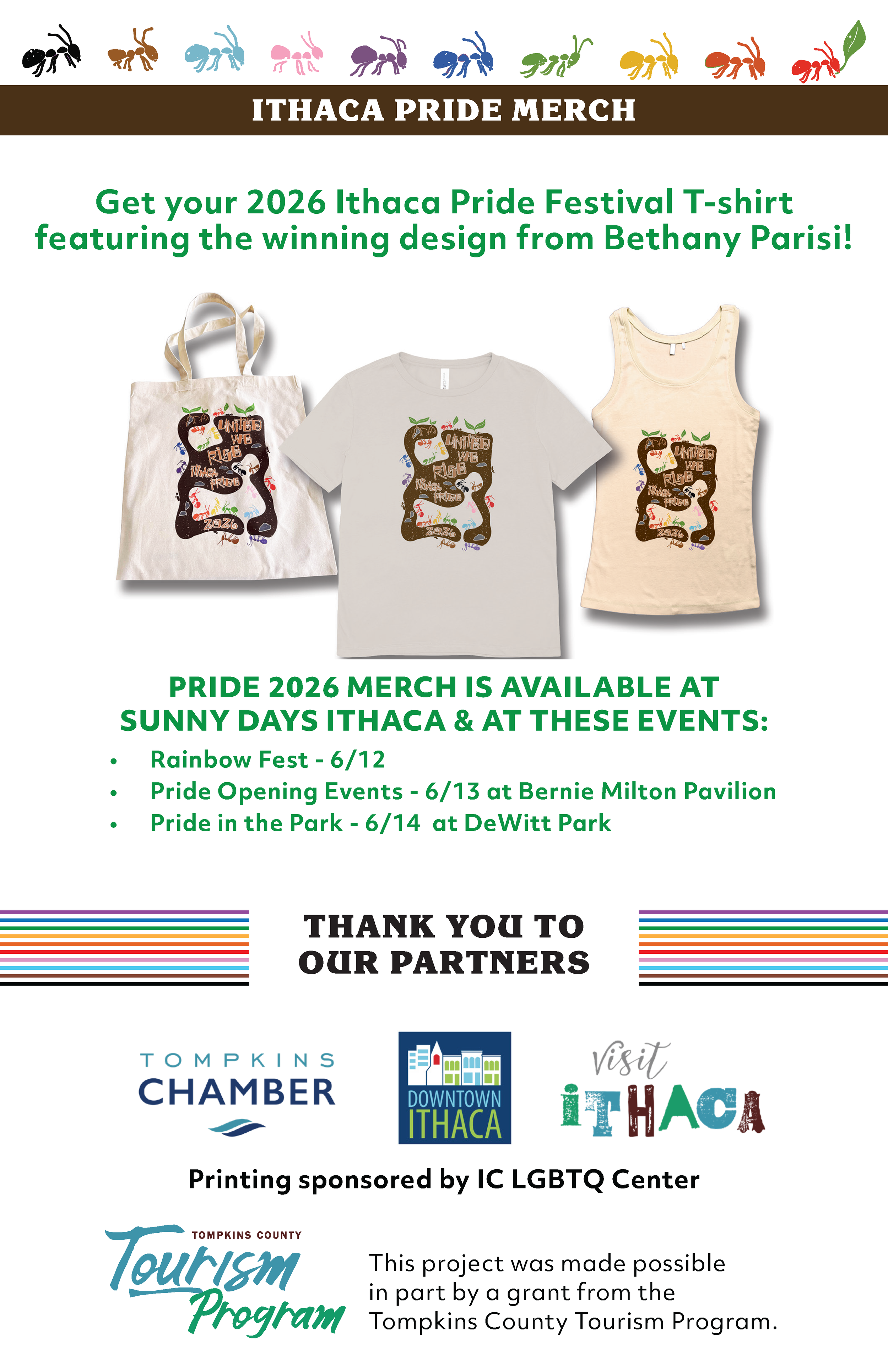 A visual merchandise catalog showcases the official 2026 festival apparel. Product photography displays a matching canvas tote bag, t-shirt, and tank top with the winning ant art design. The bottom text provides a list of local physical events and st