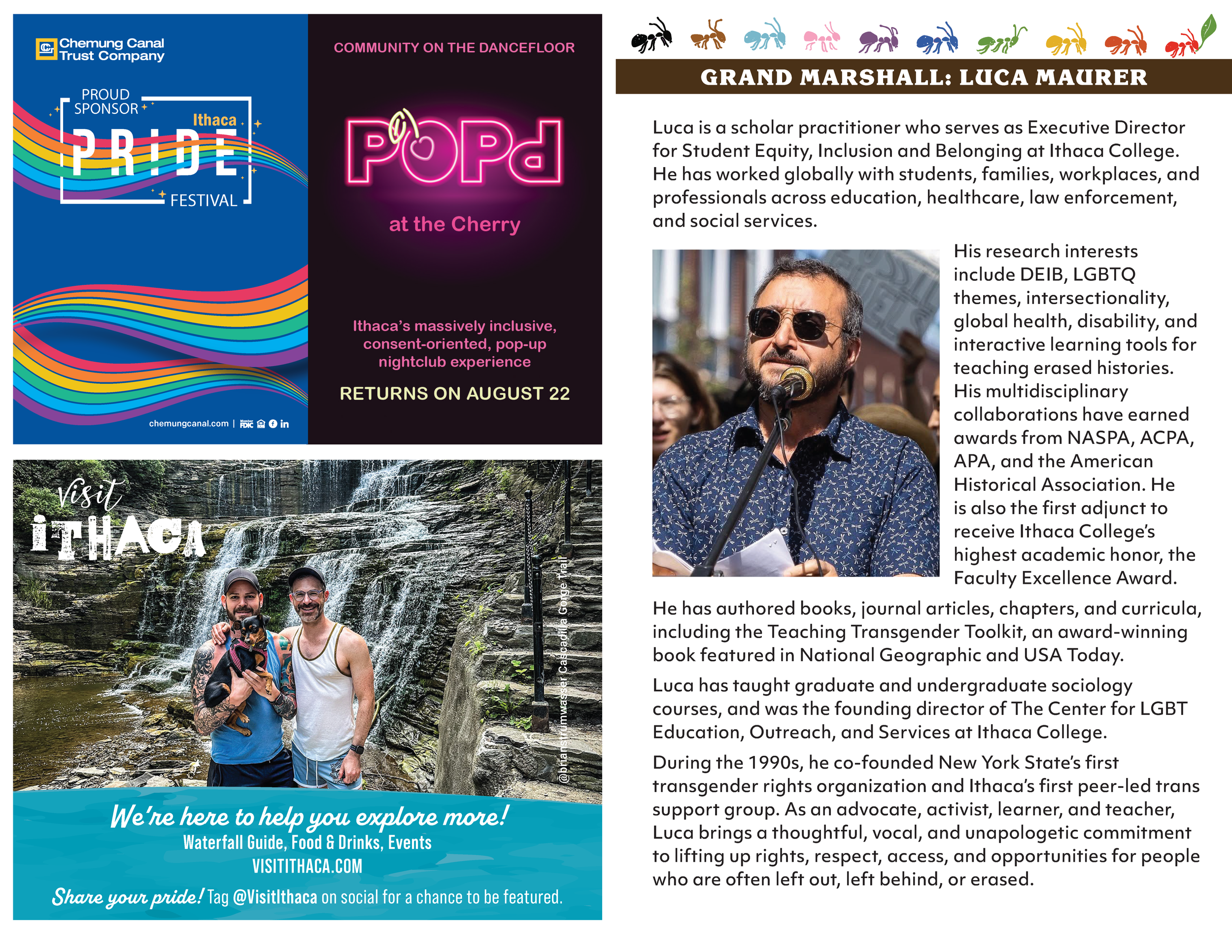 Community profiles, local business advertisements, and tourism promotions fill the layout. The right side contains a biography of Grand Marshall Luca Maurer, detailing his career in LGBTQ+ advocacy and education. The remaining space contains promotio