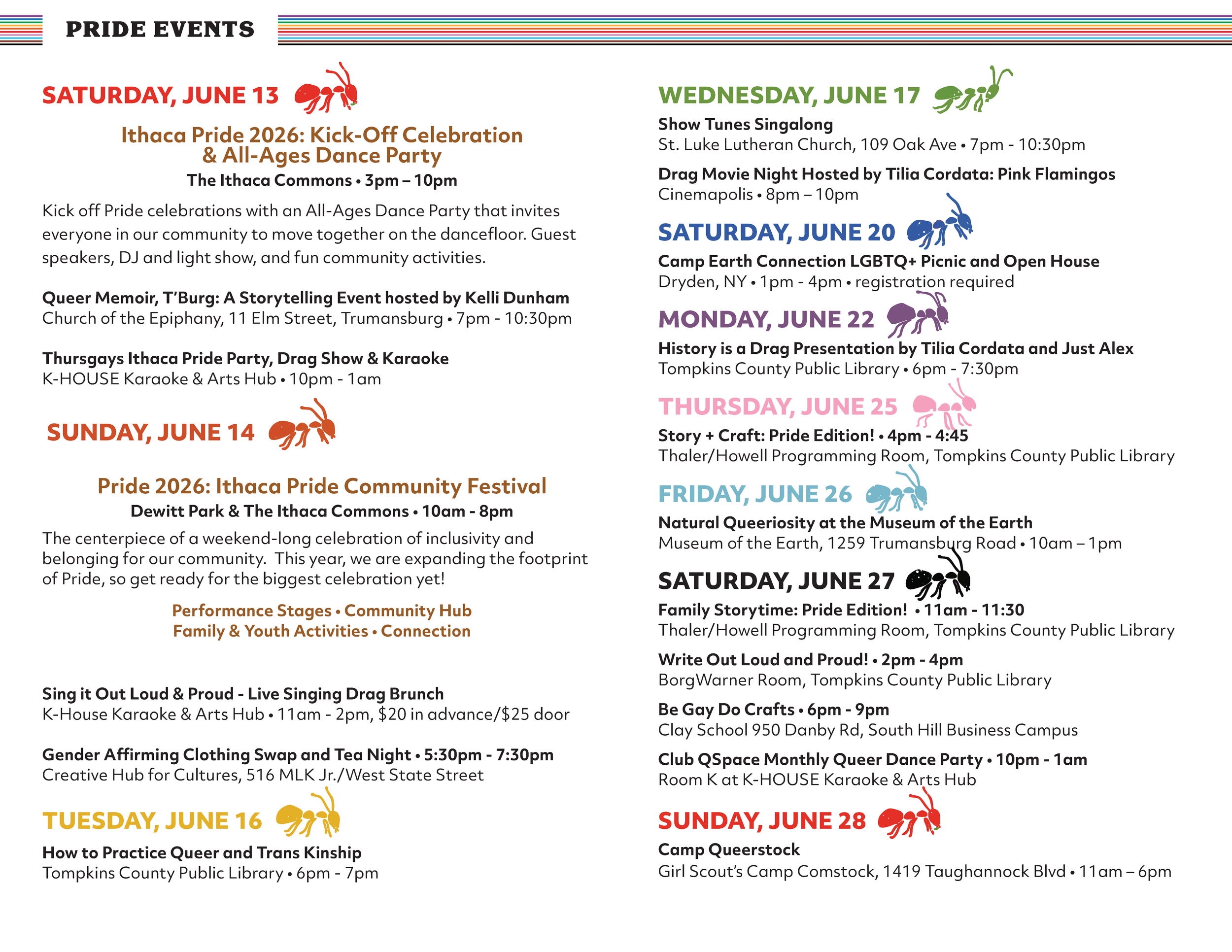 The chronological festival schedule continues, picking up from mid-June and running through the end of the month. Highlighted events include dance parties, a gender-affirming clothing swap, a local history presentation, and museum excursions. Youth-f