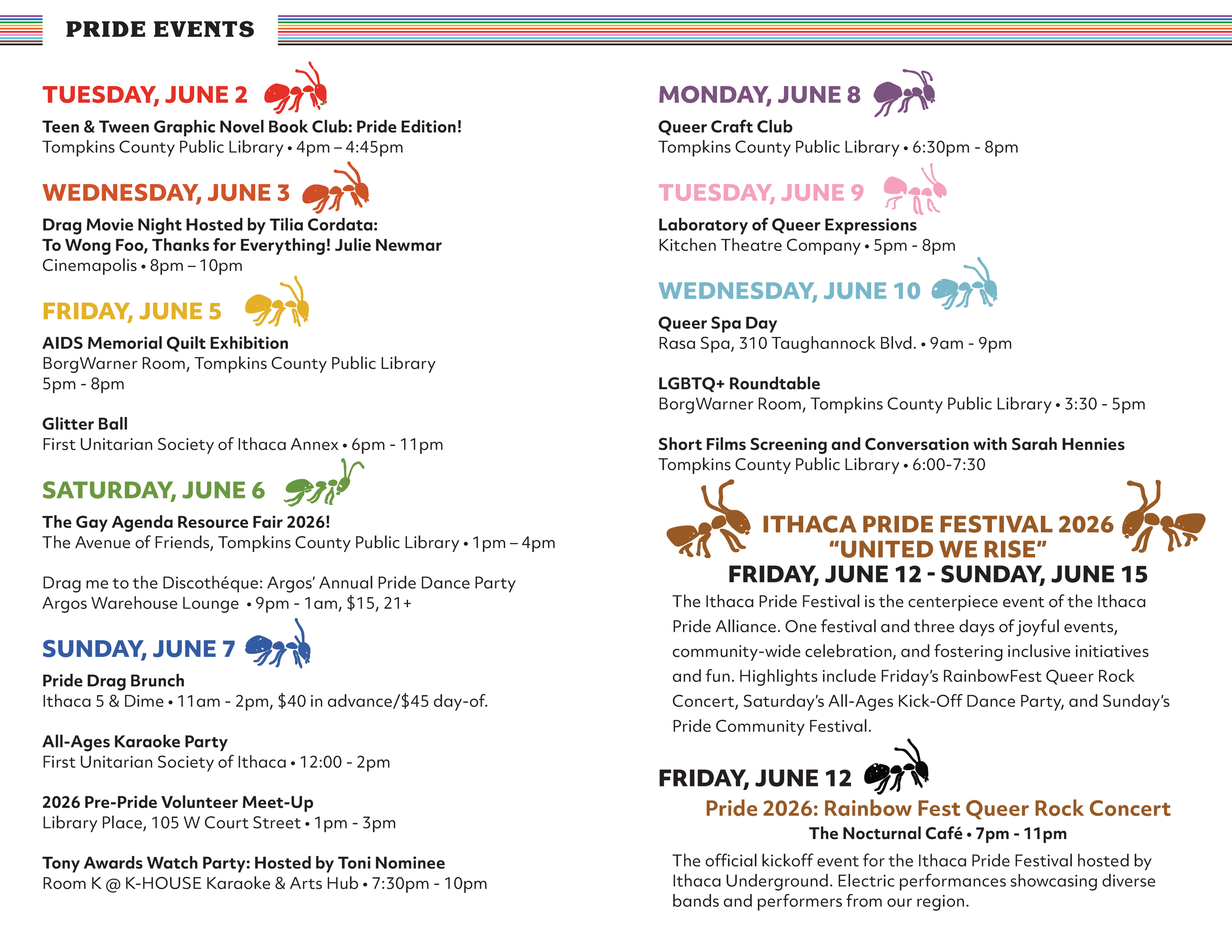 A chronological calendar guide details events running from June 2nd through June 12th. A daily itinerary lists a graphic novel club, drag movie screenings, community roundtable discussions, and a queer spa day. The bottom introduces the official thre