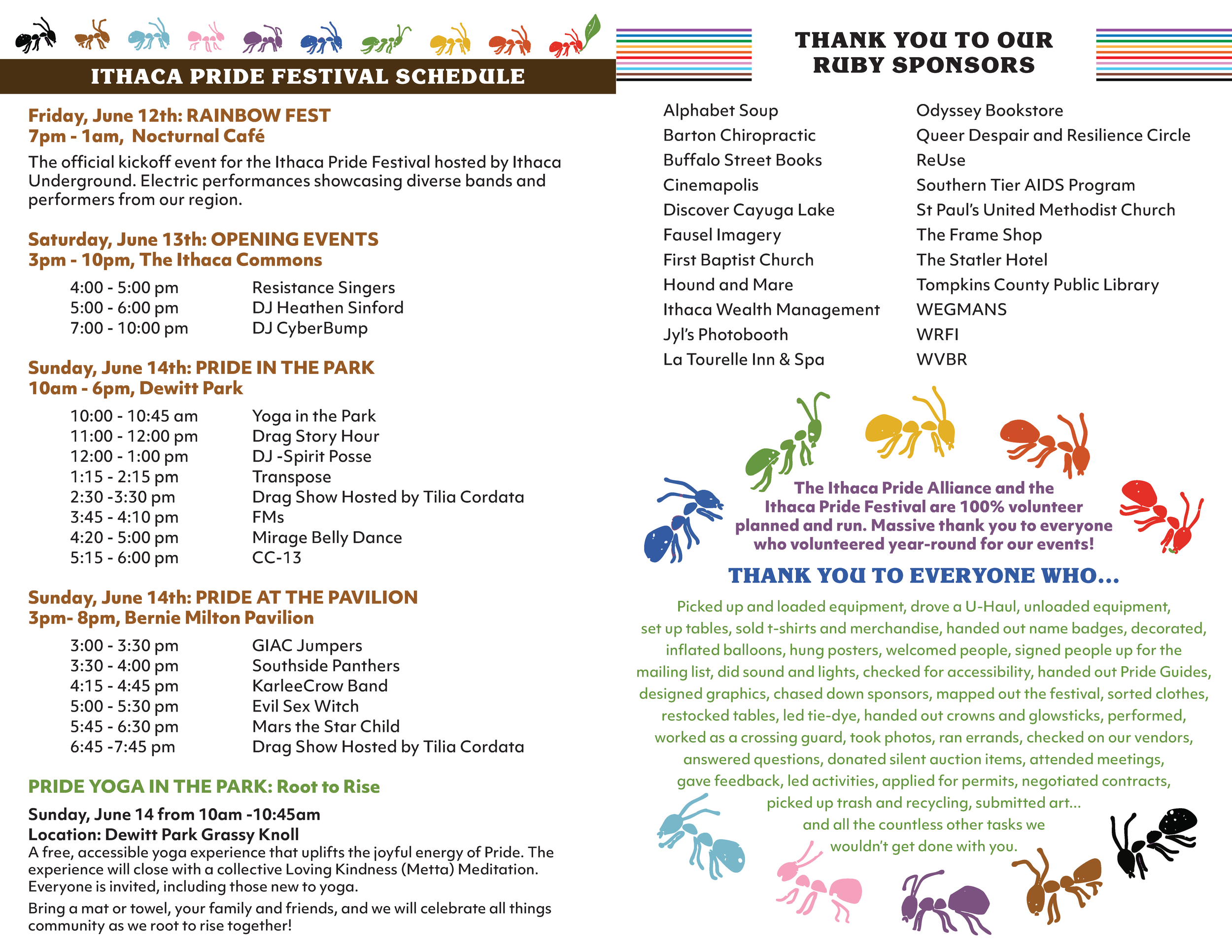 The master schedule outlines the main festival weekend from Friday through Sunday. It maps out hourly activities across multiple locations, including a rock concert kickoff, morning yoga, and consecutive drag shows. The margins contain a directory of