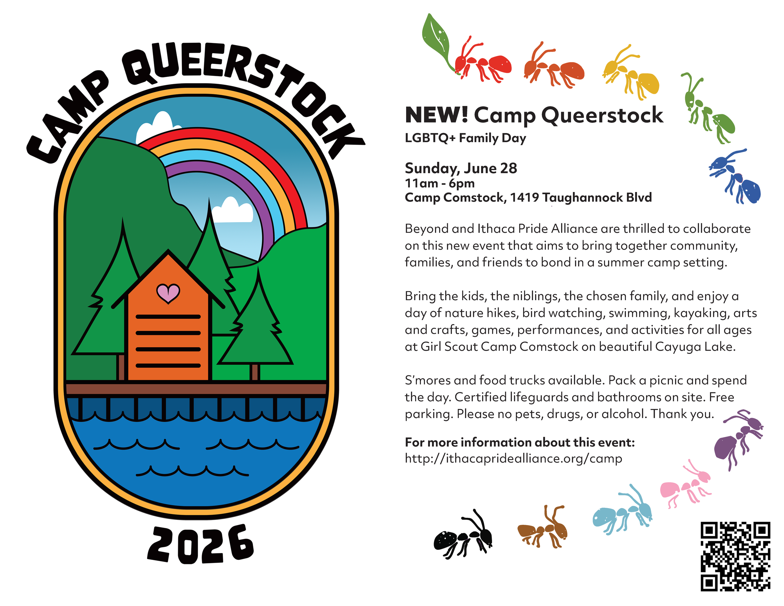 A full promotional poster details the inaugural "Camp Queerstock LGBTQ+ Family Day". A large, colorful center graphic mimics a vintage camp badge showing a rustic cabin next to a lake under a bright rainbow. Below the art, a block of text outlines th