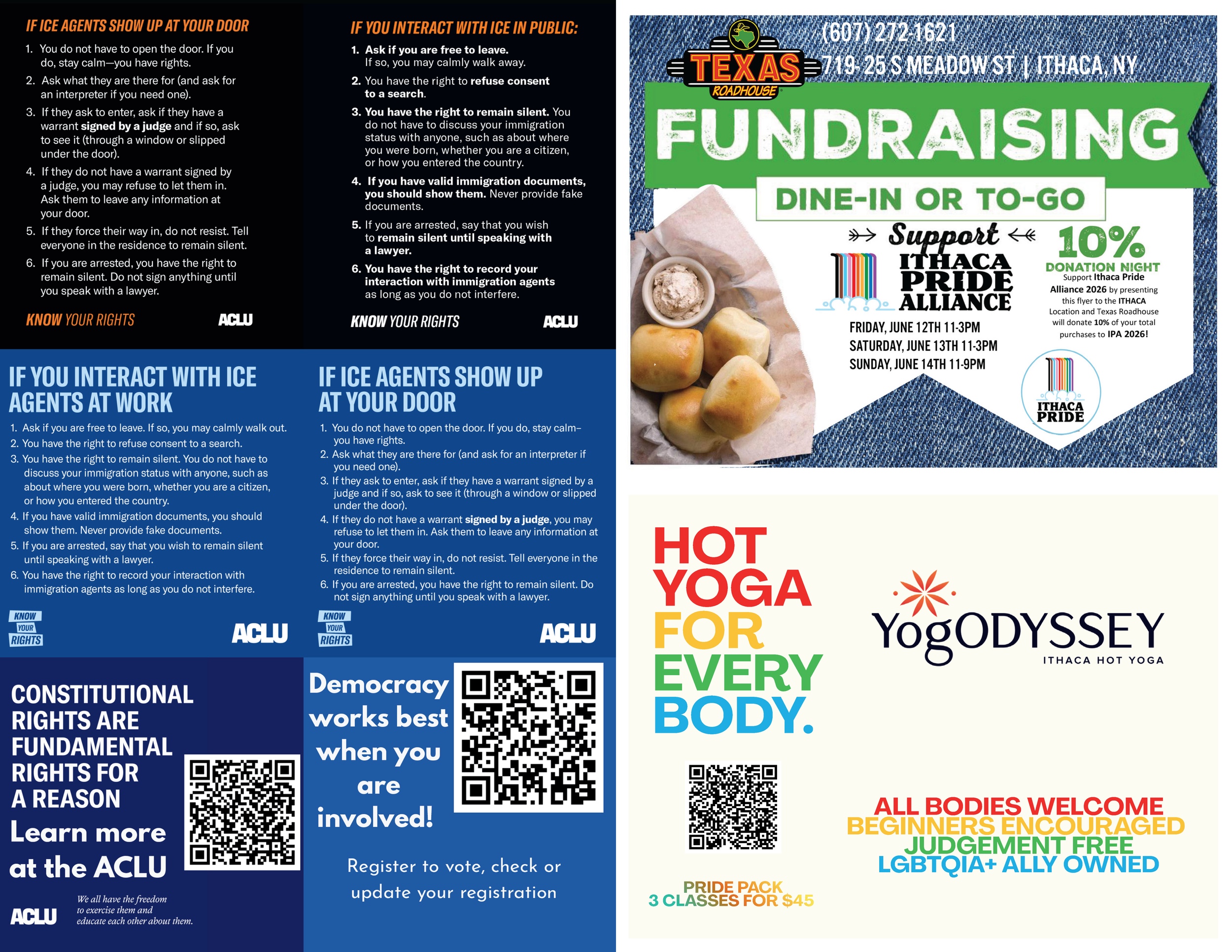 The top half contains an educational "Know Your Rights" circular from the ACLU. It outlines legal safety steps to take if an individual interacts with ICE agents at home, in public, or at work. The bottom layout includes promotional coupons and ad sp