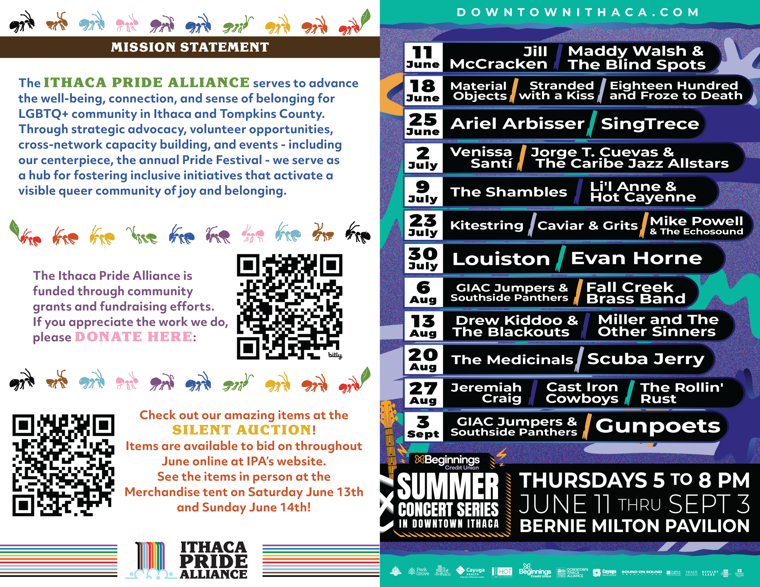 The core mission statement of the Ithaca Pride Alliance sits alongside a donation callout. An announcement banner promotes an online community silent auction. The largest section is a grid-based directory mapping out the local downtown summer concert