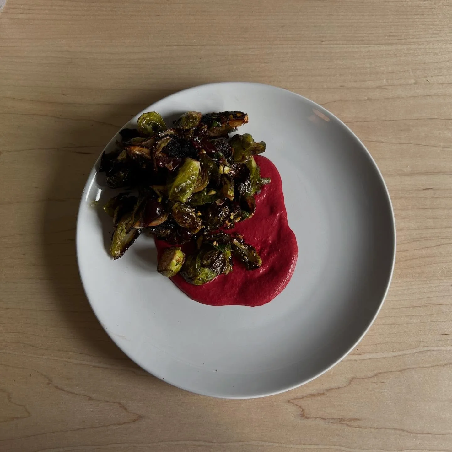 cherry roasted brussels with beet yogurt sauce 😝