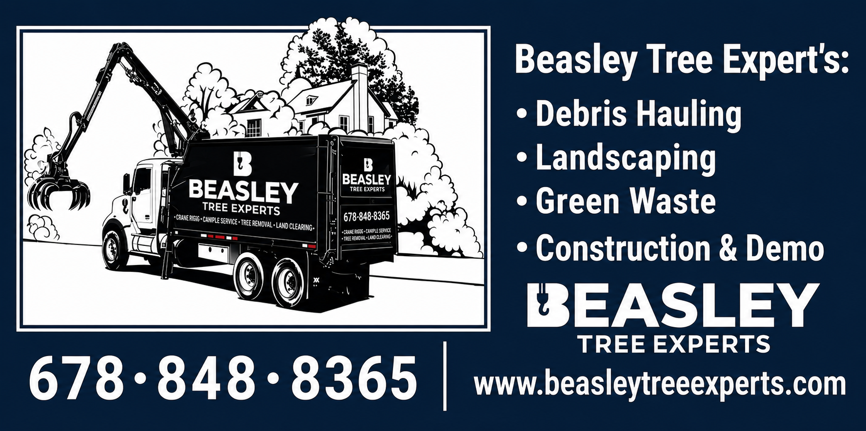 Beasley Tree Experts grapple truck service flyer listing debris hauling and landscaping services