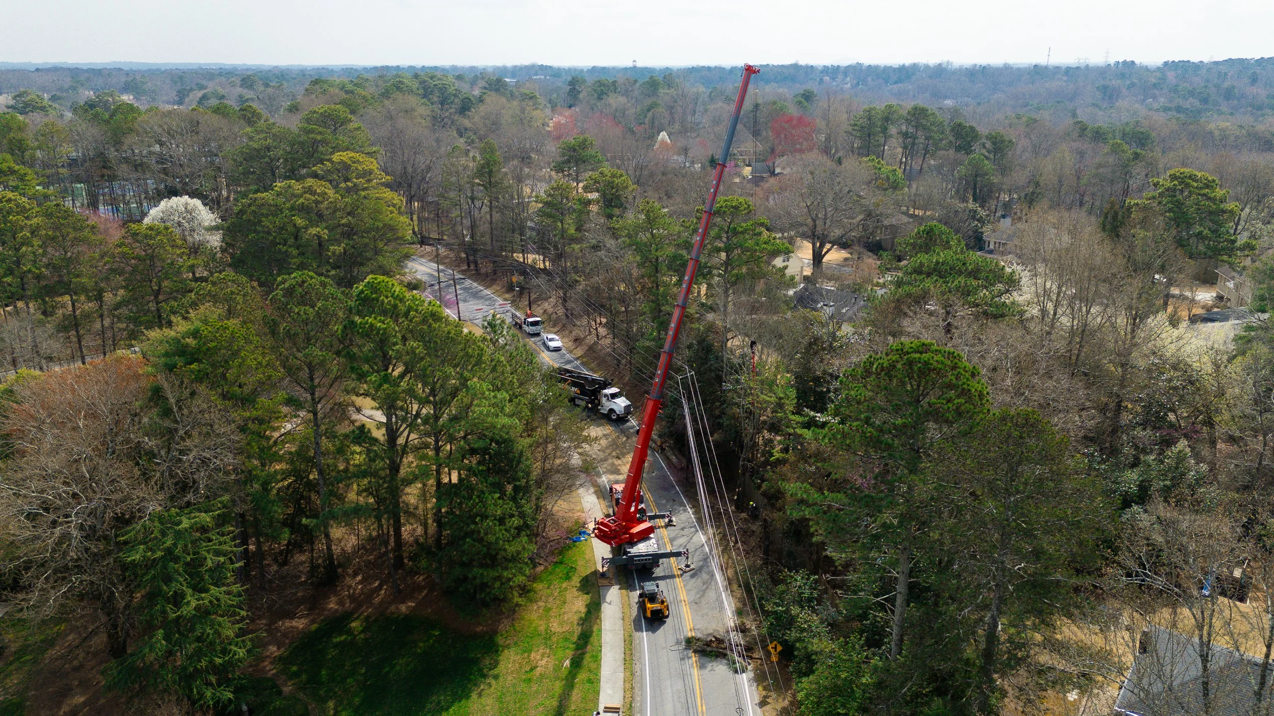 110-ton crane removing a hazardous tree along a rural road right-of-way in North Georgia