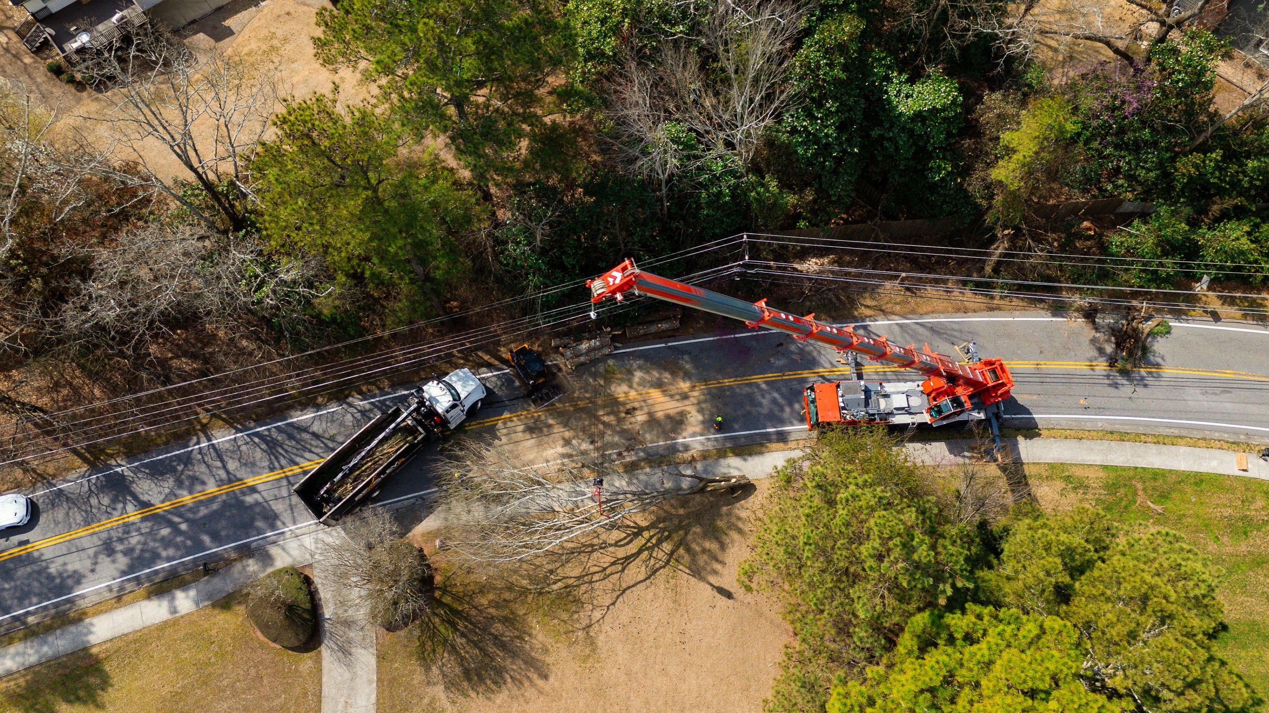 Crane truck positioned for utility tree removal near power lines