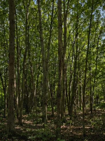 Overcrowded trees competing for light, water, and nutrients
