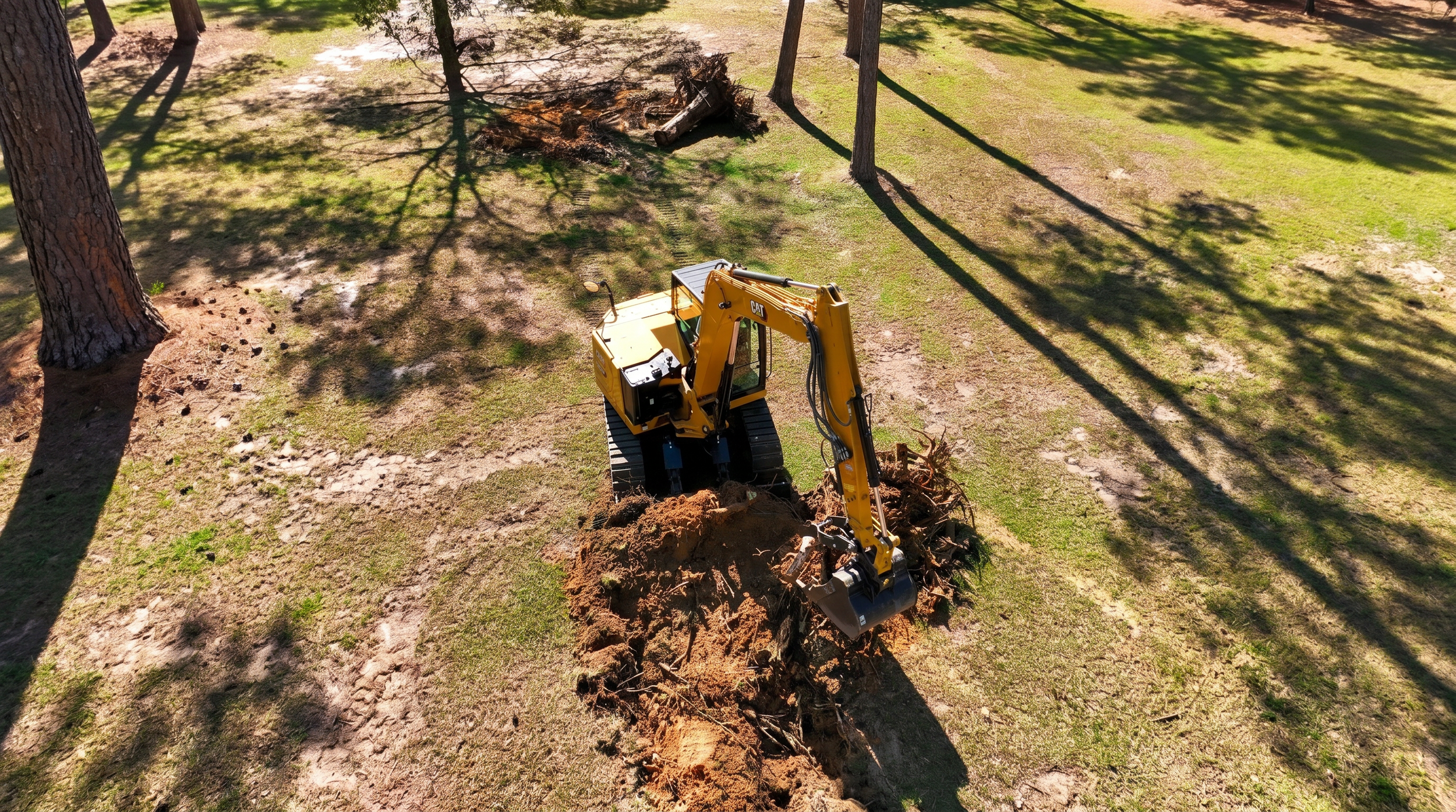 A yellow excavator digging a hole in a grassy area under tall trees, casting shadows on the ground. Beasley Tree Experts North Georgia, Metro Atlanta, Cherokee County