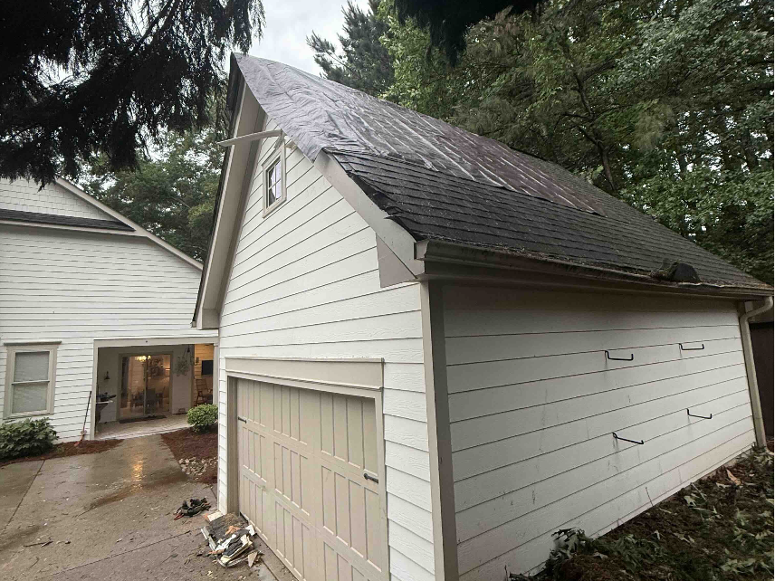 After photo showing damaged roof safely tarped following tree removal