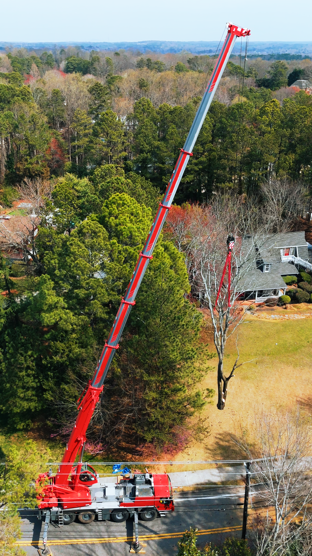 NCCCO certified crane operator extending 110-ton crane for commercial tree job