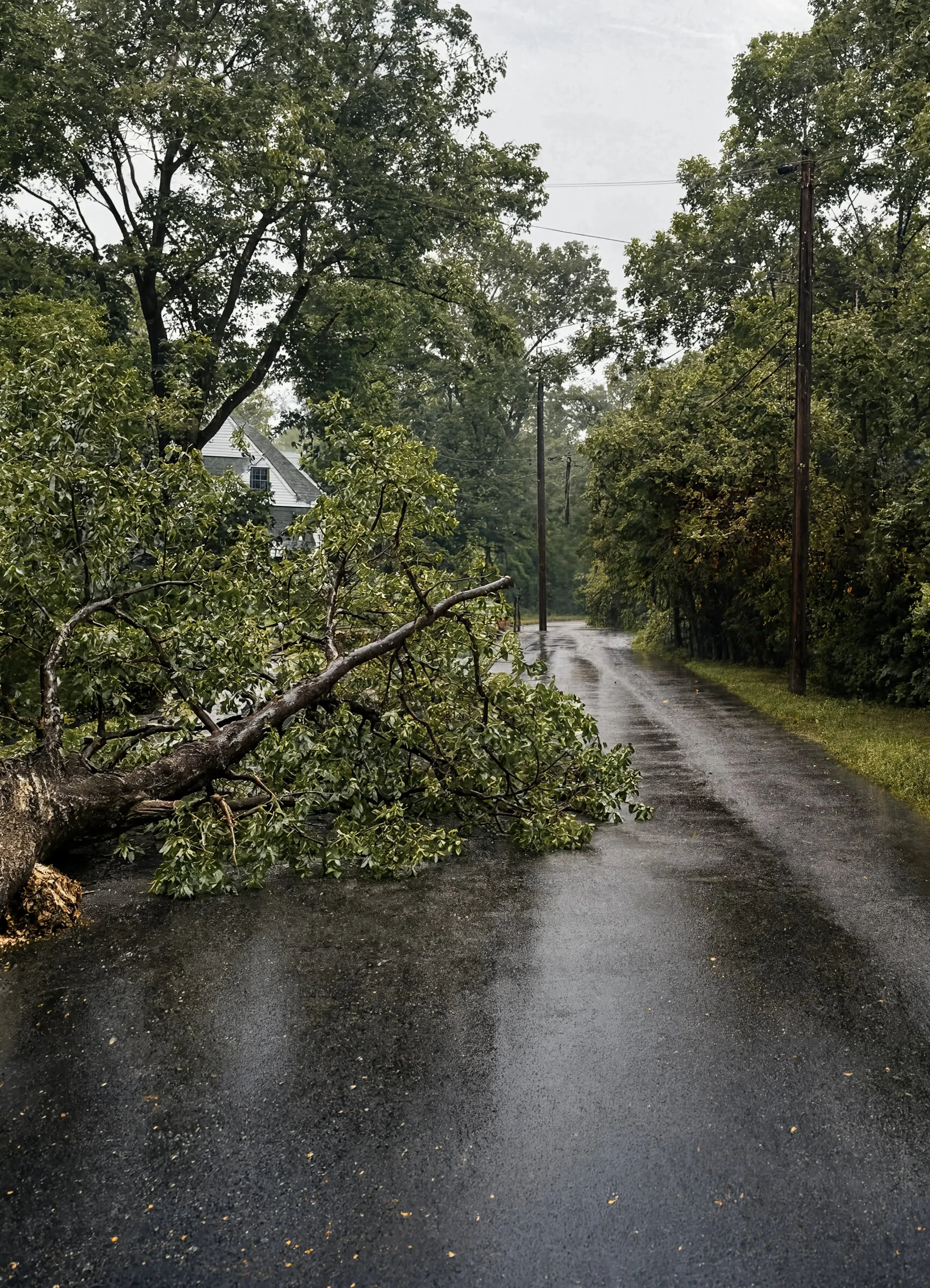 Fallen tree blocking a road, limiting access and emergency vehicles