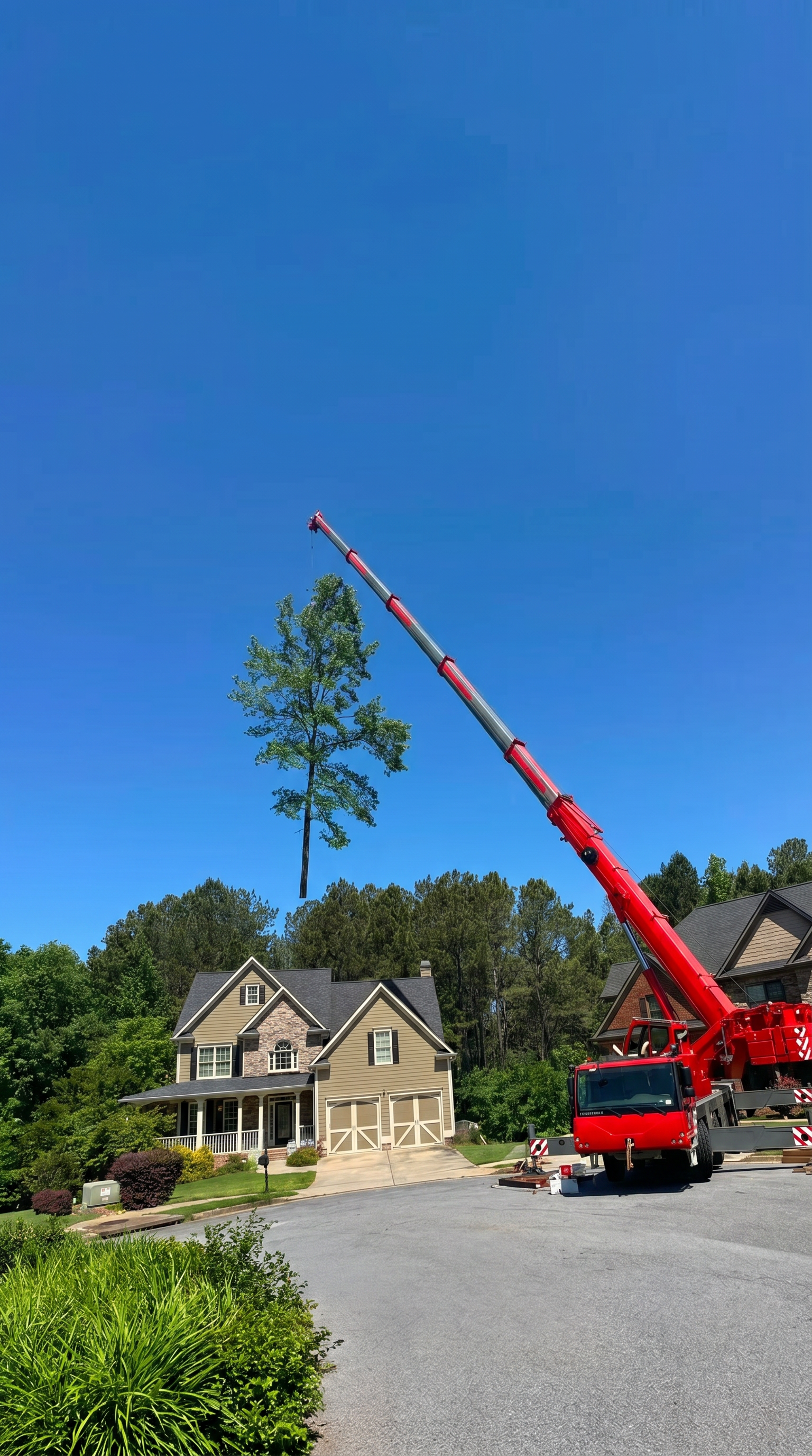 Crane boom extended for tree removal in North Georgia