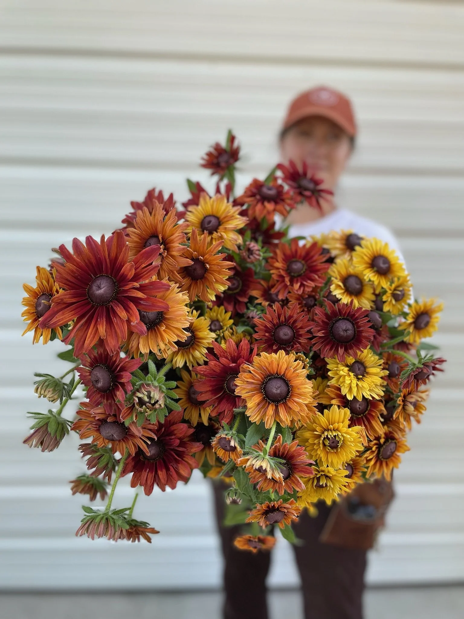 A person holds bunches of orange, red, and yellow flowers.