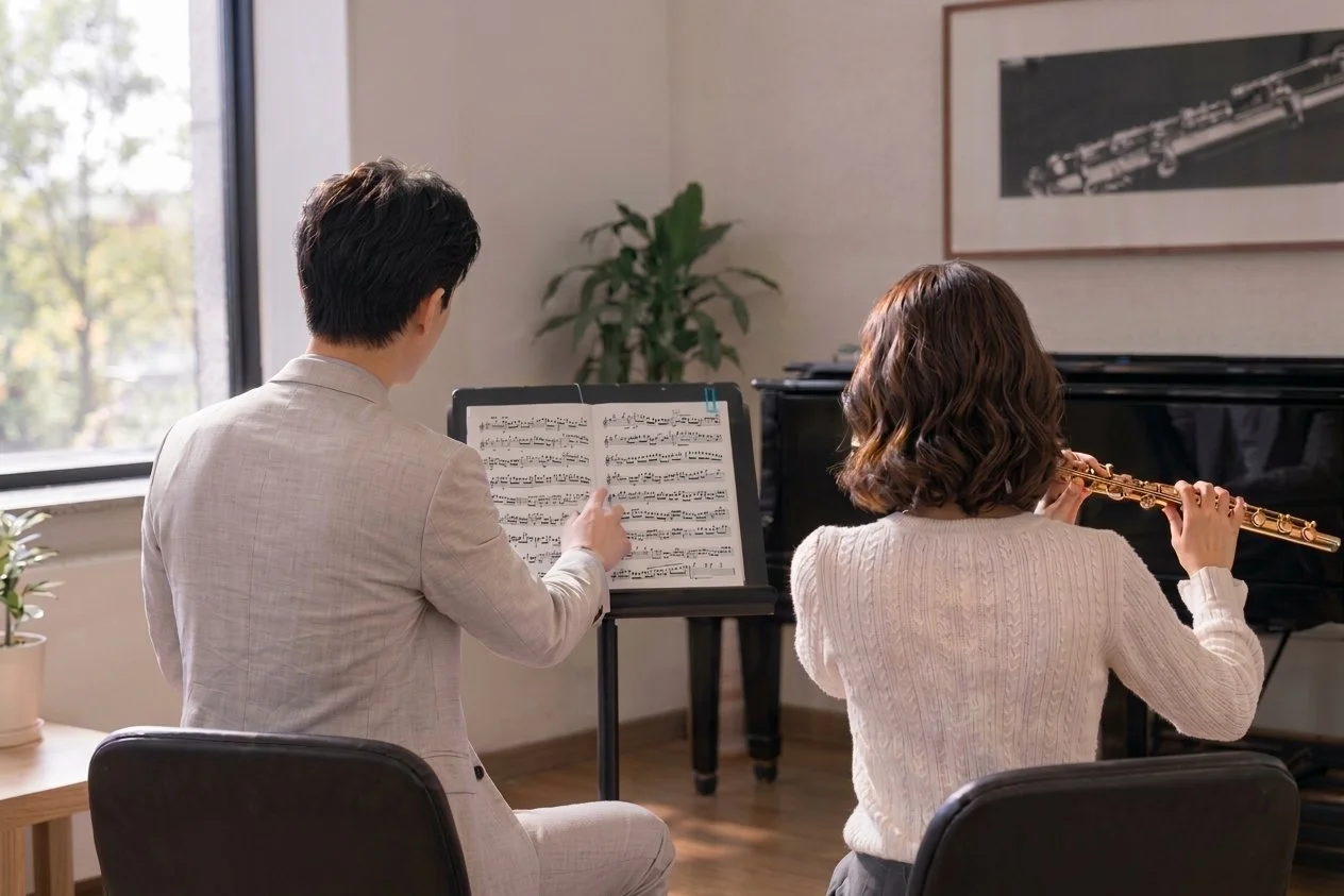 A man and a woman are practicing music together in a room with a window. The man is reading sheet music on a stand, and the woman is playing the flute.