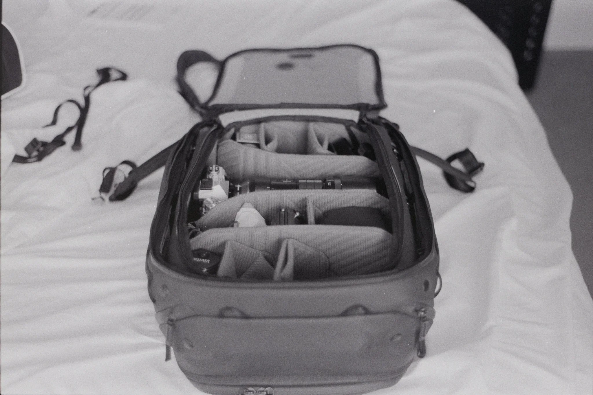 A backpack full of camera gear
