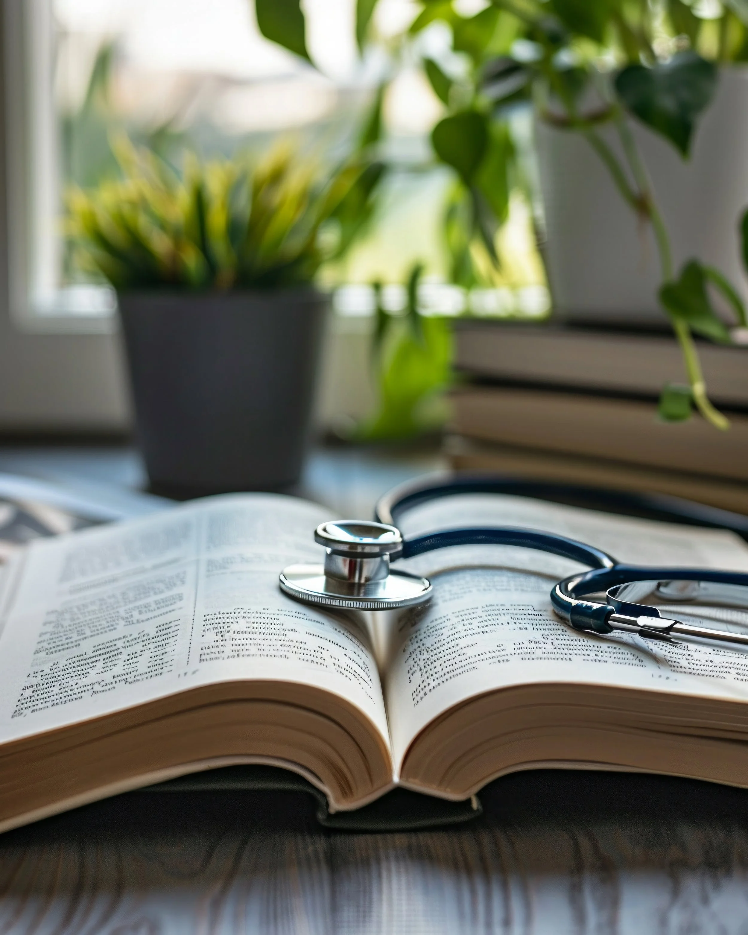 Open medical textbook with a stethoscope resting on it, surrounded by green potted plants and stacked books on a windowsill.