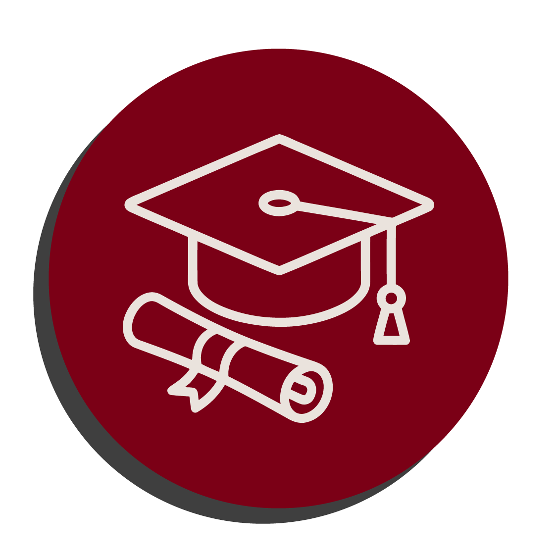 White outline of a graduation cap and a diploma rolled with a ribbon inside a red oval background.